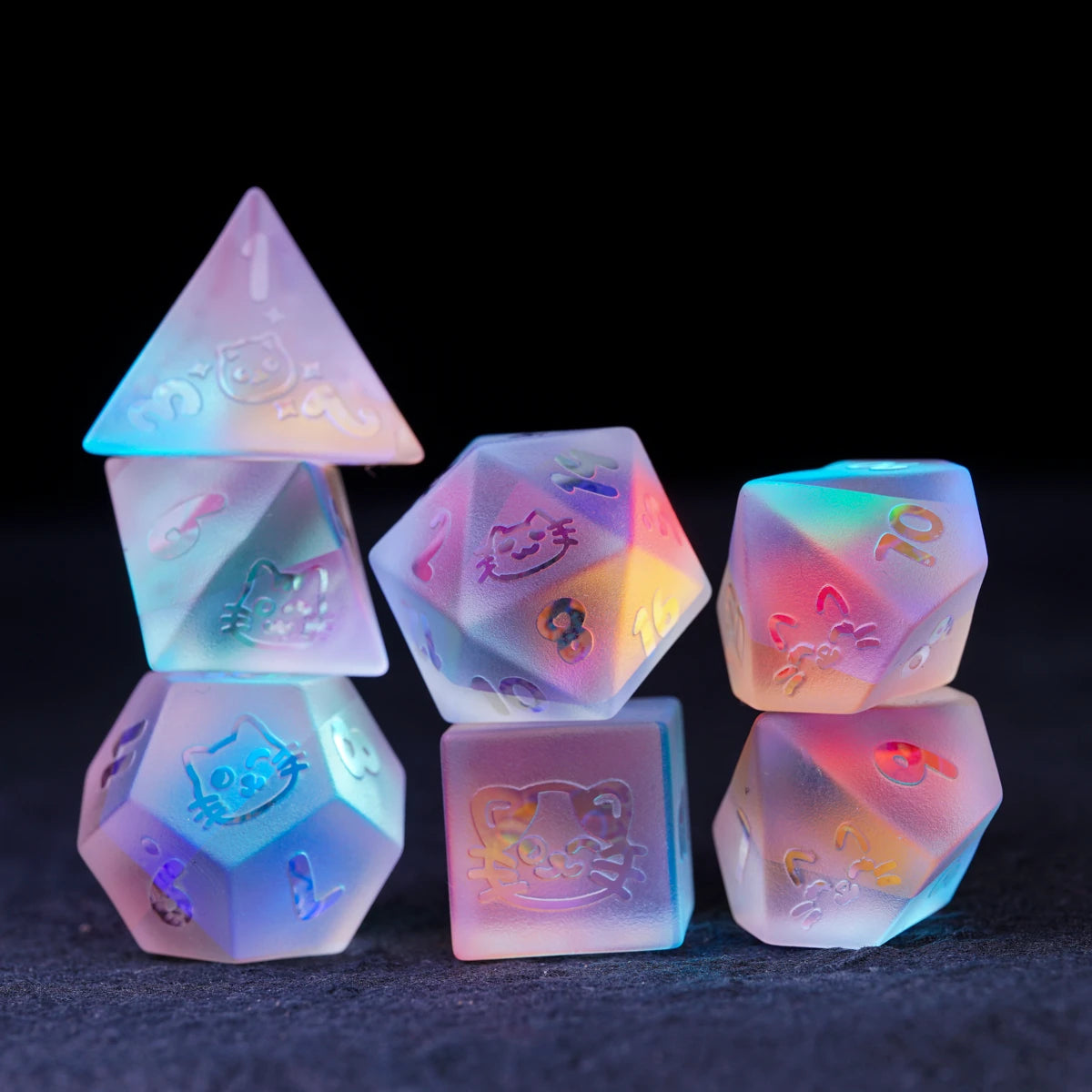 Kitten Engraved Dichroic Prism Glass Dice Set - DragonStone