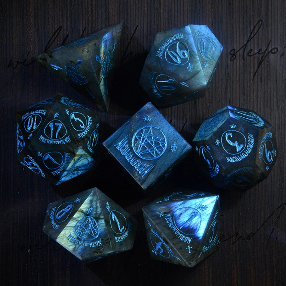 Necromancy Tome Labradorite Engraved Gemstone Dice Set (Halloween Limited) - DragonStone