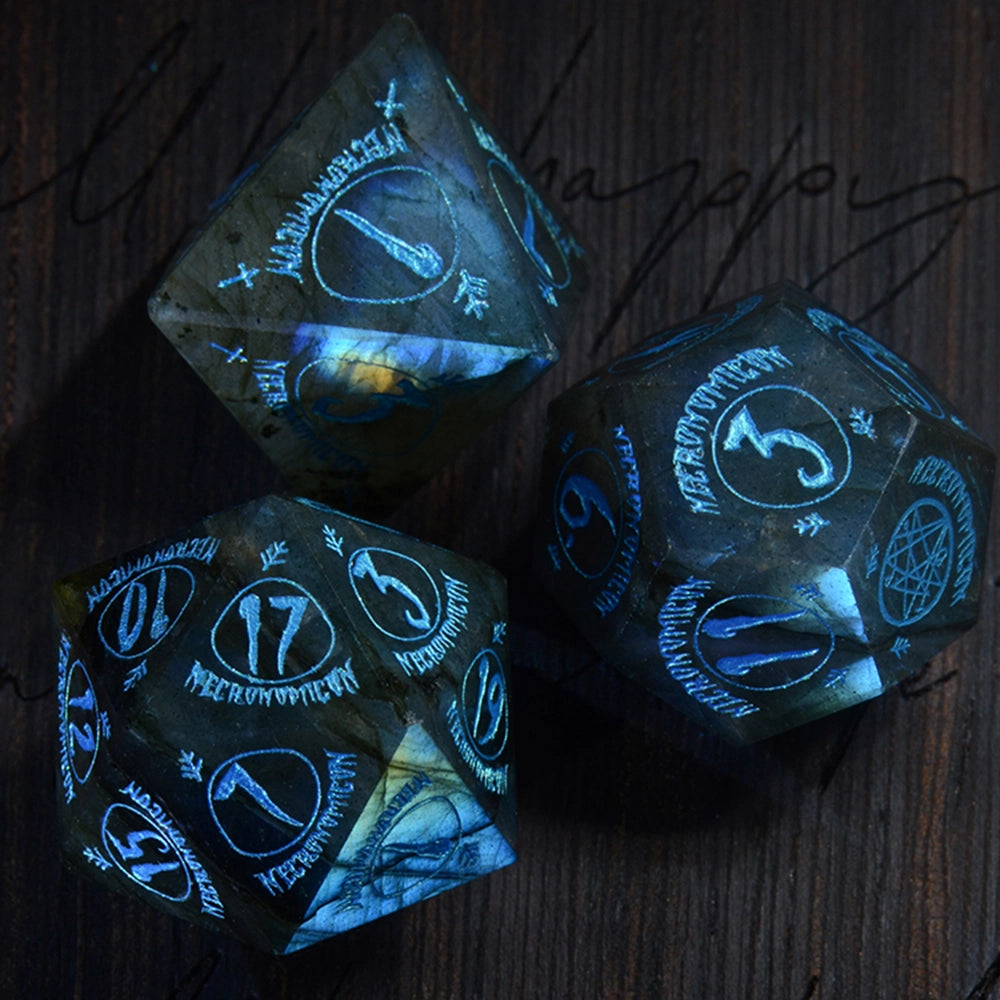 Necromancy Tome Labradorite Engraved Gemstone Dice Set (Halloween Limited) - DragonStone
