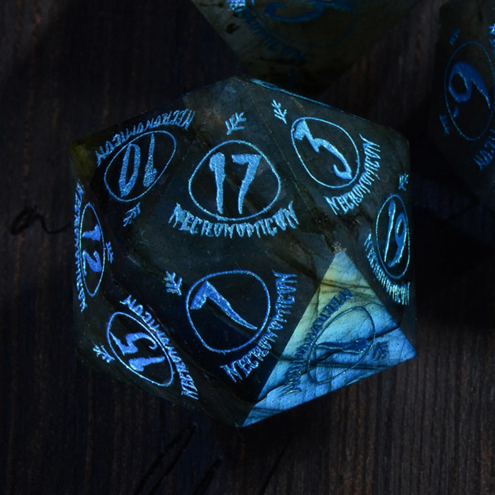 Necromancy Tome Labradorite Engraved Gemstone Dice Set (Halloween Limited) - DragonStone