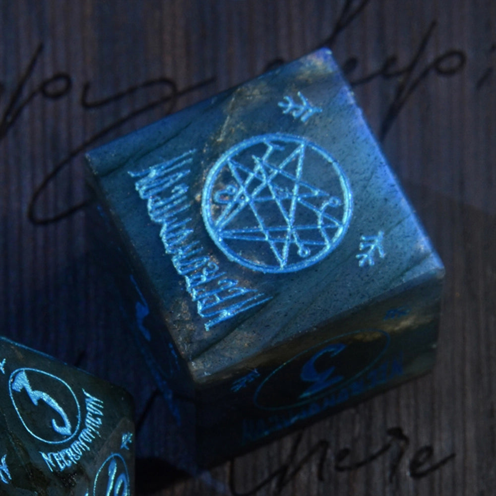 Necromancy Tome Labradorite Engraved Gemstone Dice Set (Halloween Limited) - DragonStone