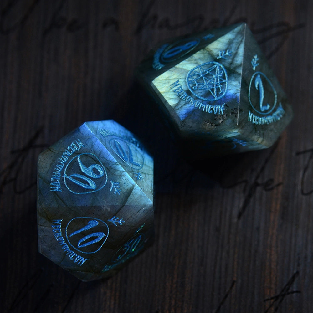 Necromancy Tome Labradorite Engraved Gemstone Dice Set (Halloween Limited) - DragonStone
