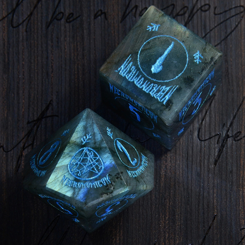 Necromancy Tome Labradorite Engraved Gemstone Dice Set (Halloween Limited) - DragonStone