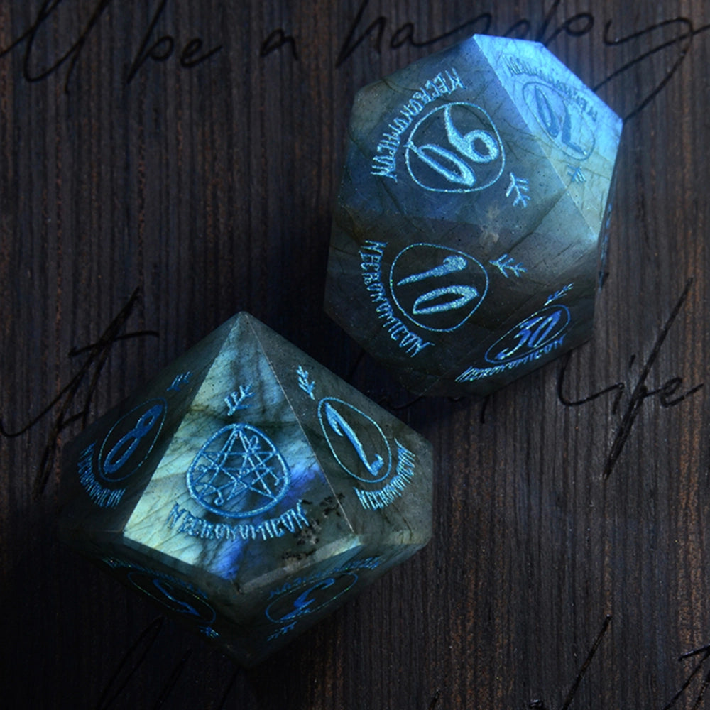 Necromancy Tome Labradorite Engraved Gemstone Dice Set (Halloween Limited) - DragonStone