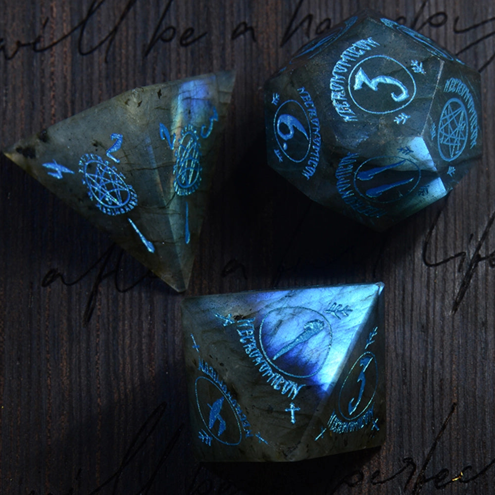 Necromancy Tome Labradorite Engraved Gemstone Dice Set (Halloween Limited) - DragonStone