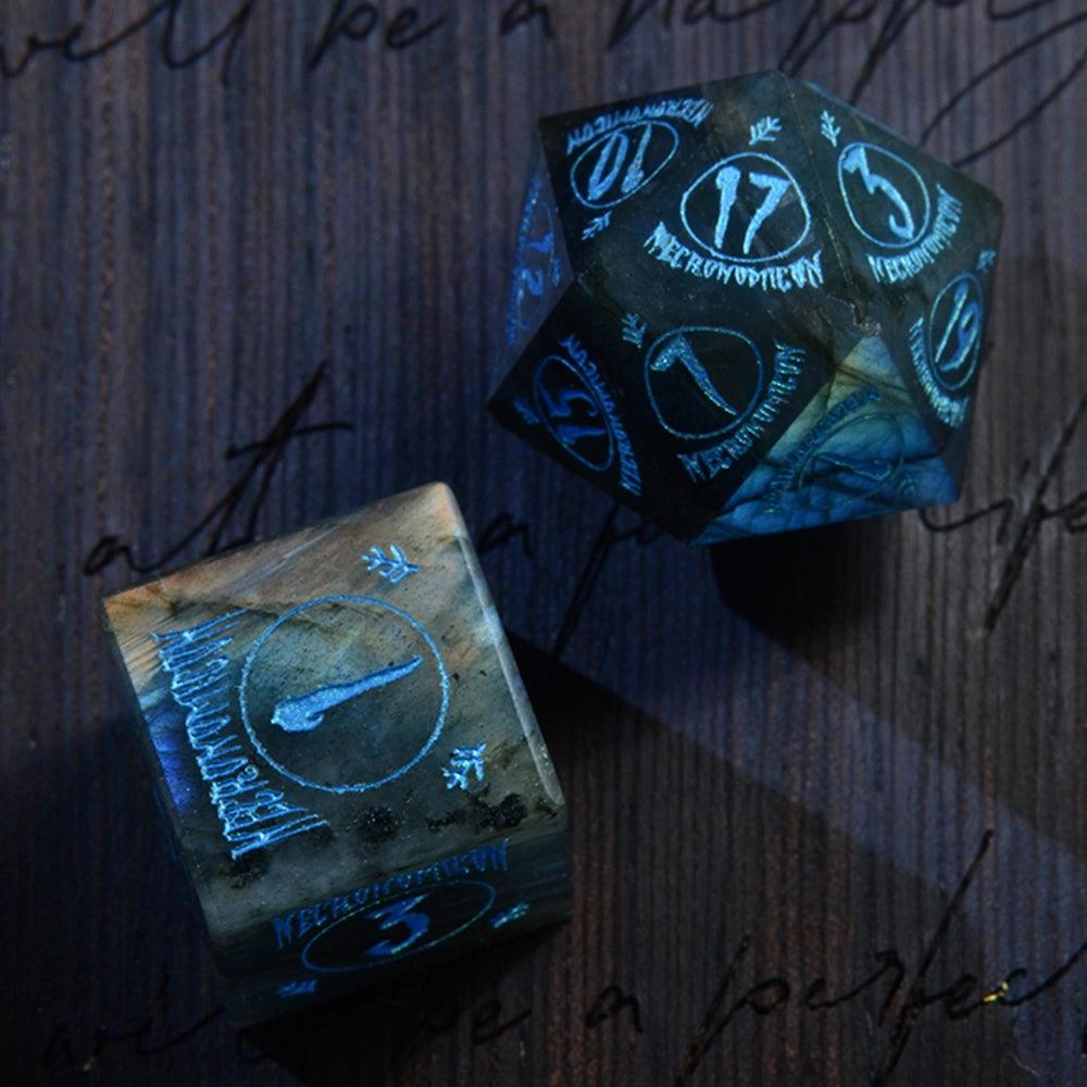 Necromancy Tome Labradorite Engraved Gemstone Dice Set (Halloween Limited) - DragonStone