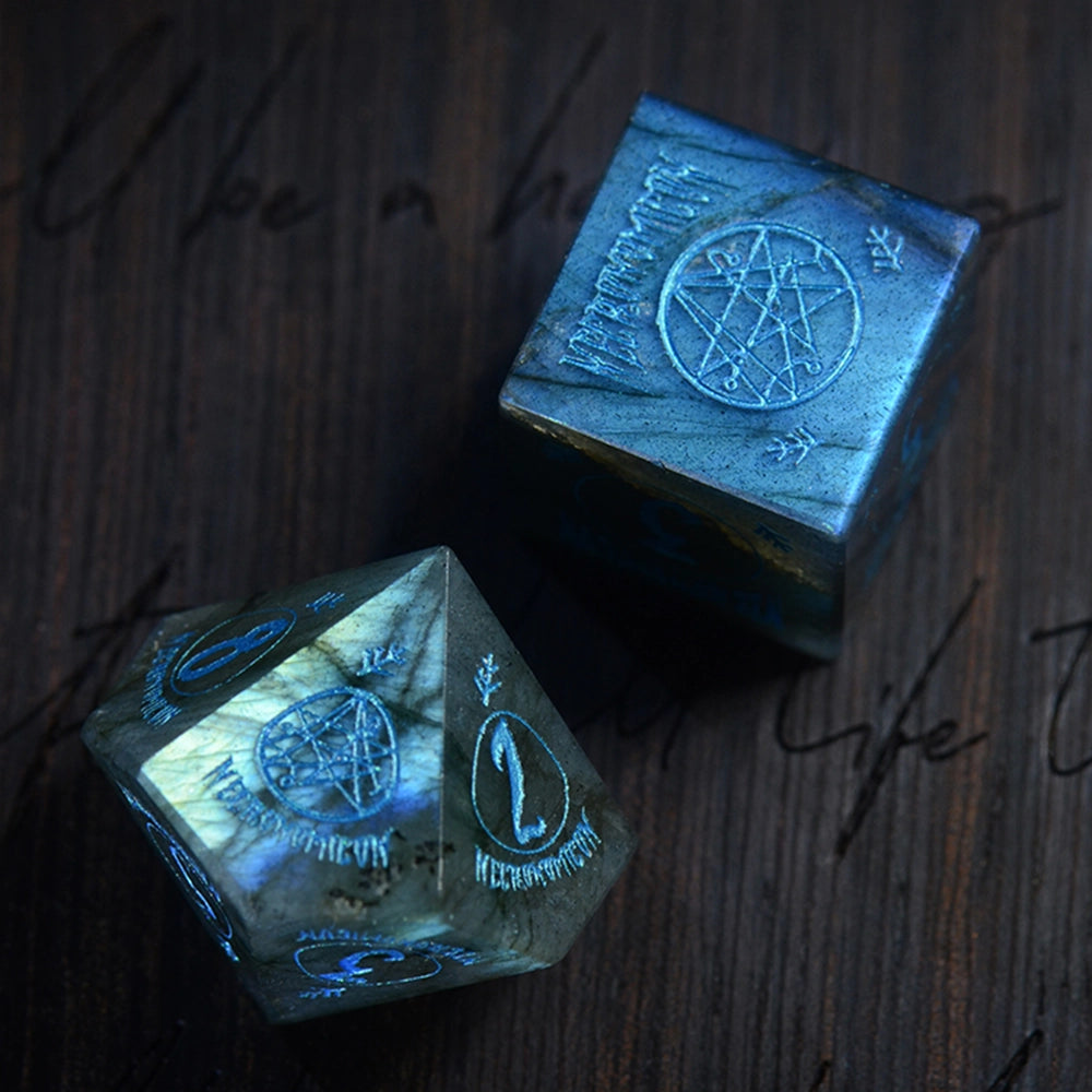 Necromancy Tome Labradorite Engraved Gemstone Dice Set (Halloween Limited) - DragonStone