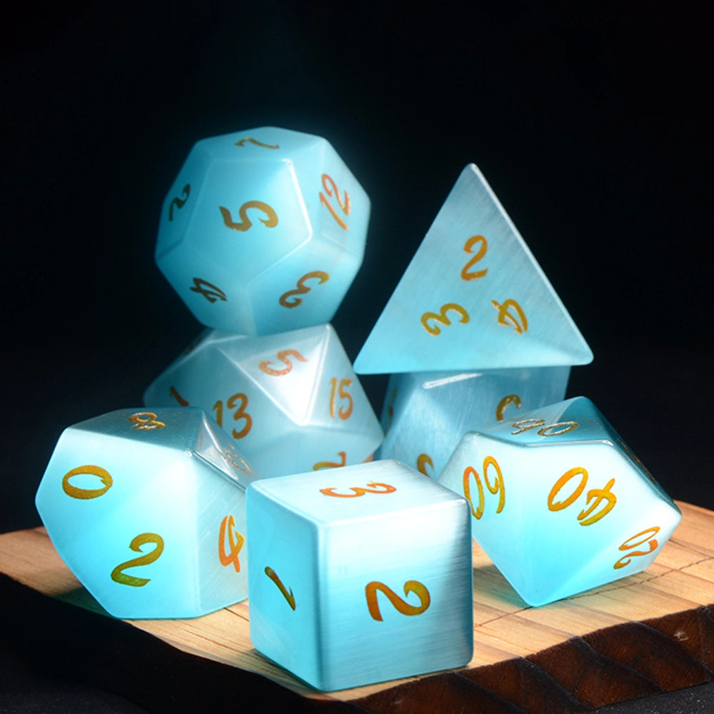 Pink Green Cat's Eye Engraved Gemstone Dice Set - DragonStone