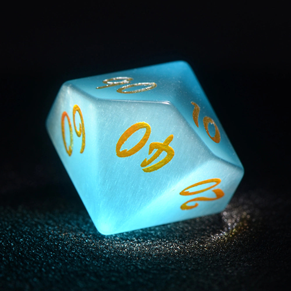 Pink Green Cat's Eye Engraved Gemstone Dice Set - DragonStone