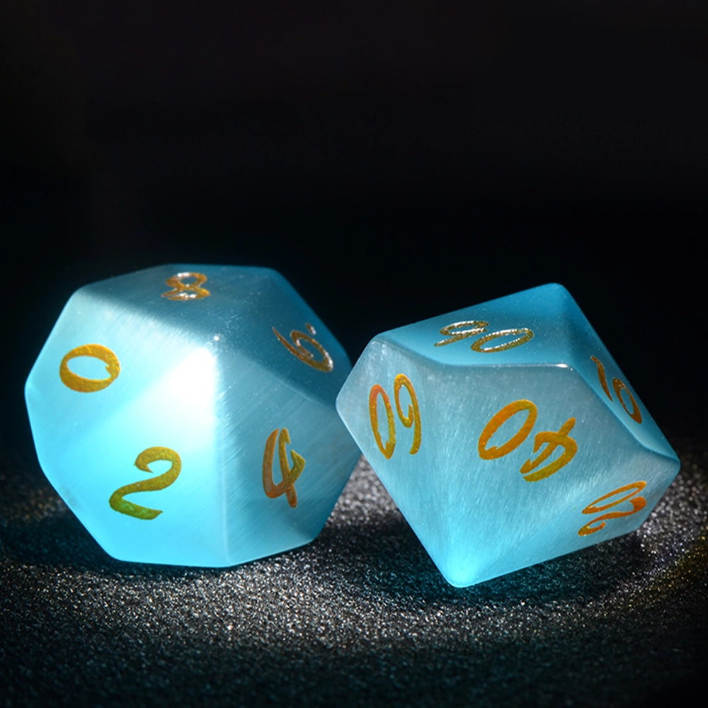Pink Green Cat's Eye Engraved Gemstone Dice Set - DragonStone