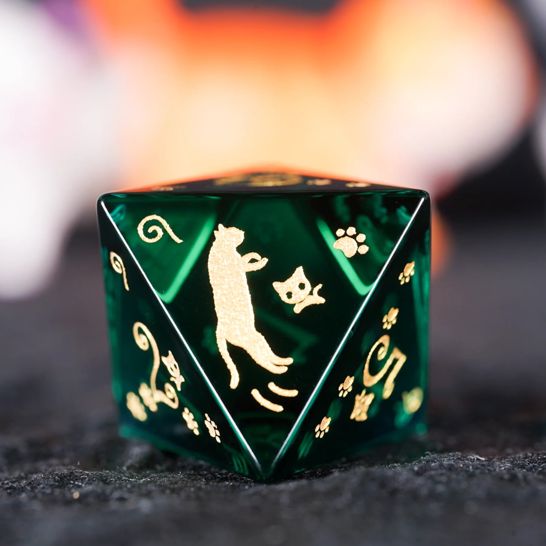 Aurora’s Forest Stroll · Dark Green Engraved Glass Dice Set