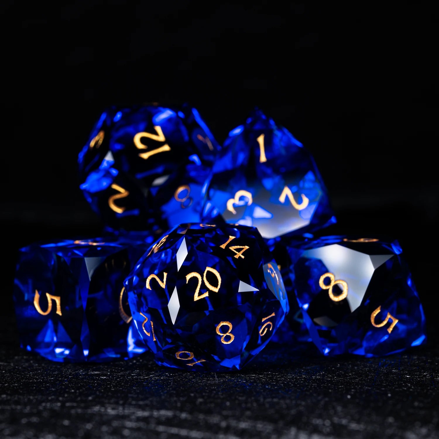 Blue Multi-faceted Prism Glass Engraved Dice Set - DragonStone