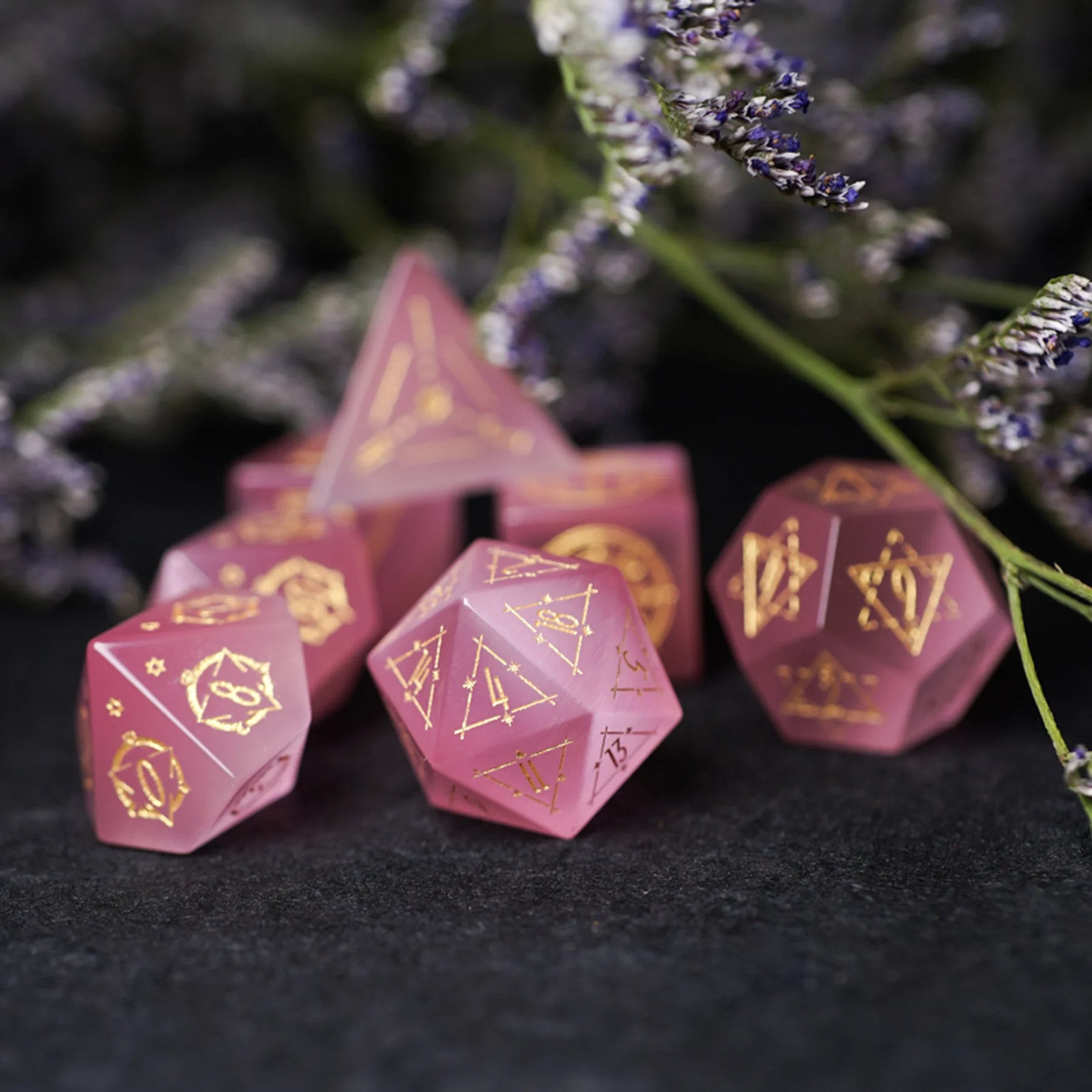Celestial Palace · Glow of Love · Pink Cat’s Eye Dice Set