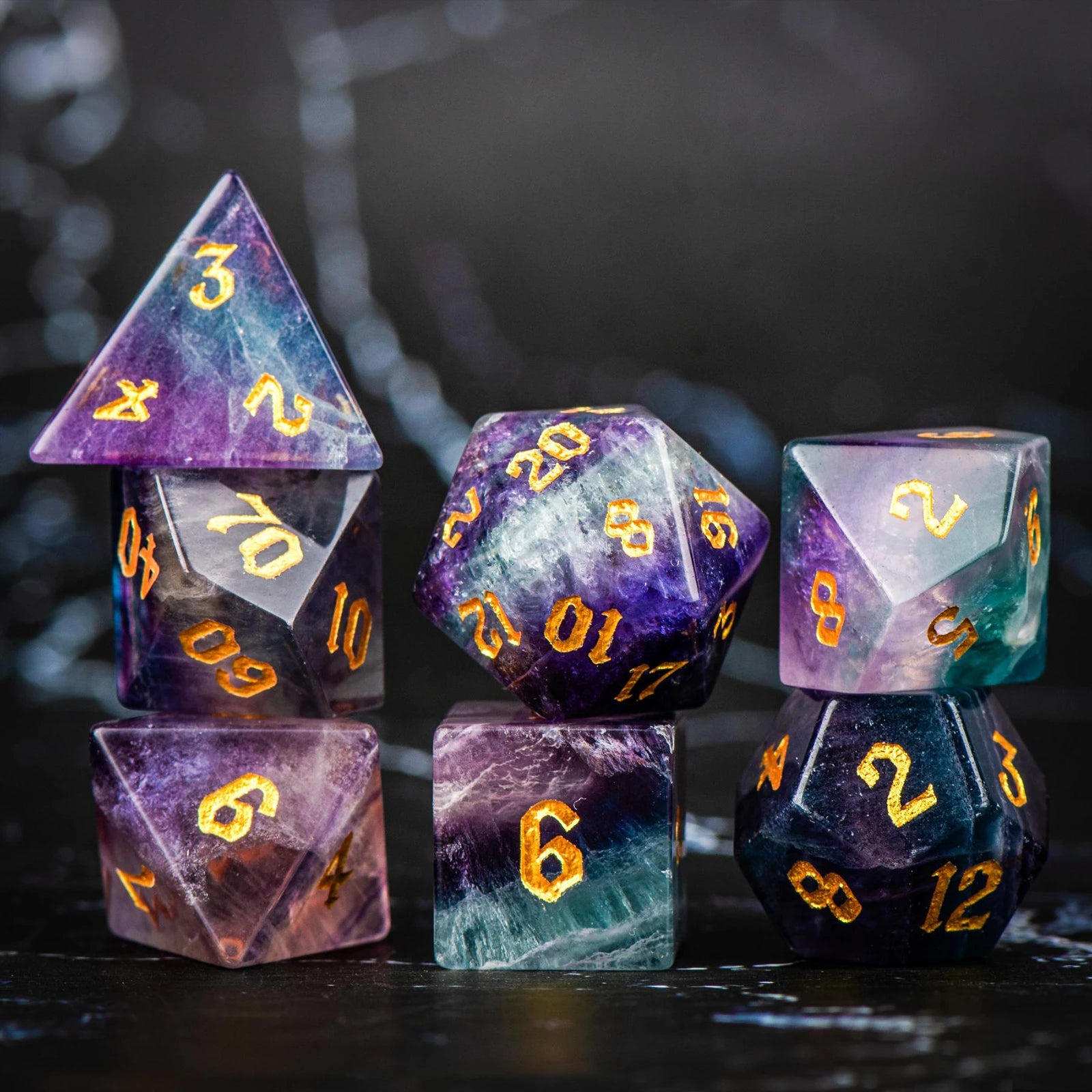 DND Colorful Fluorite Gemstone Engraved Dice Set
