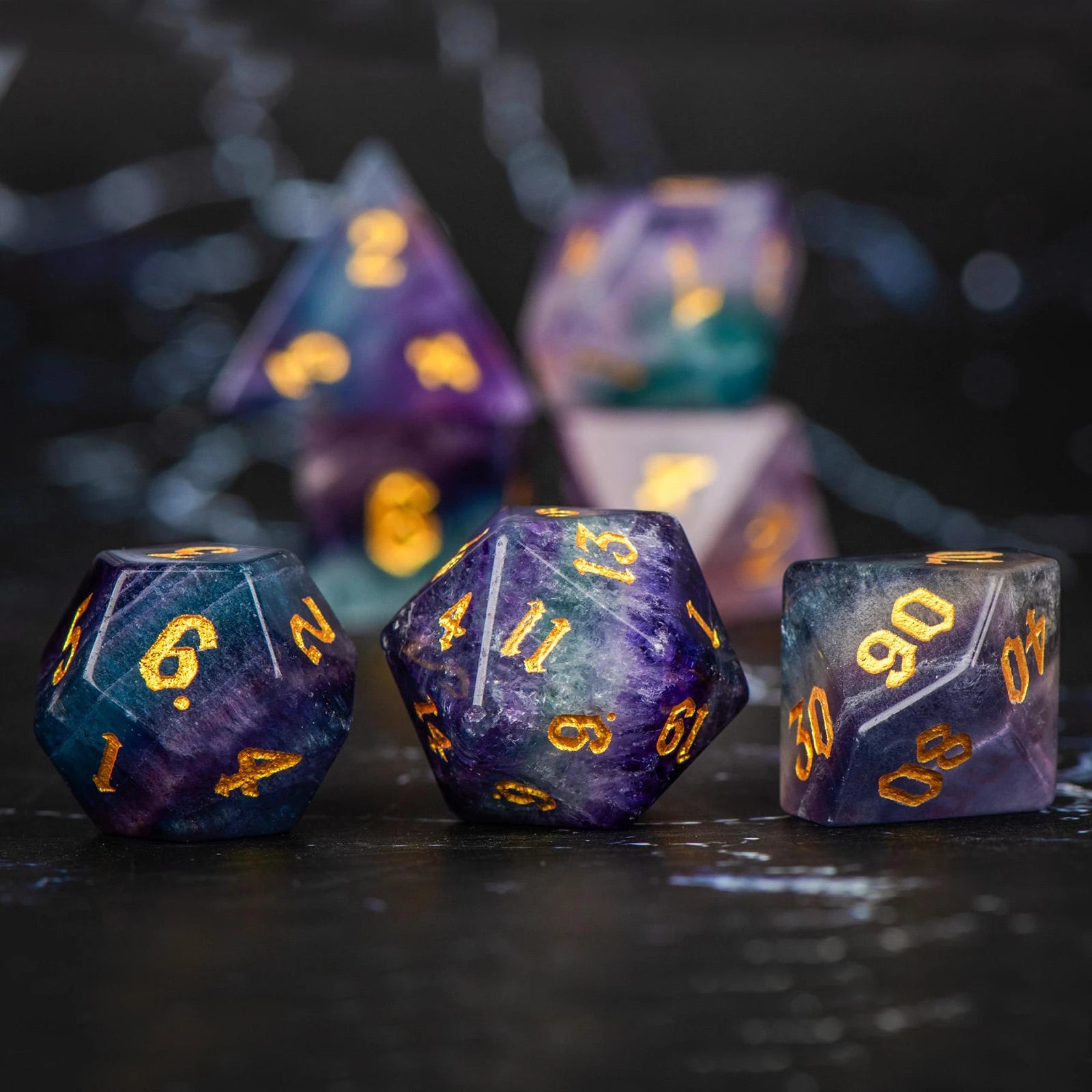 DND Colorful Fluorite Gemstone Engraved Dice Set