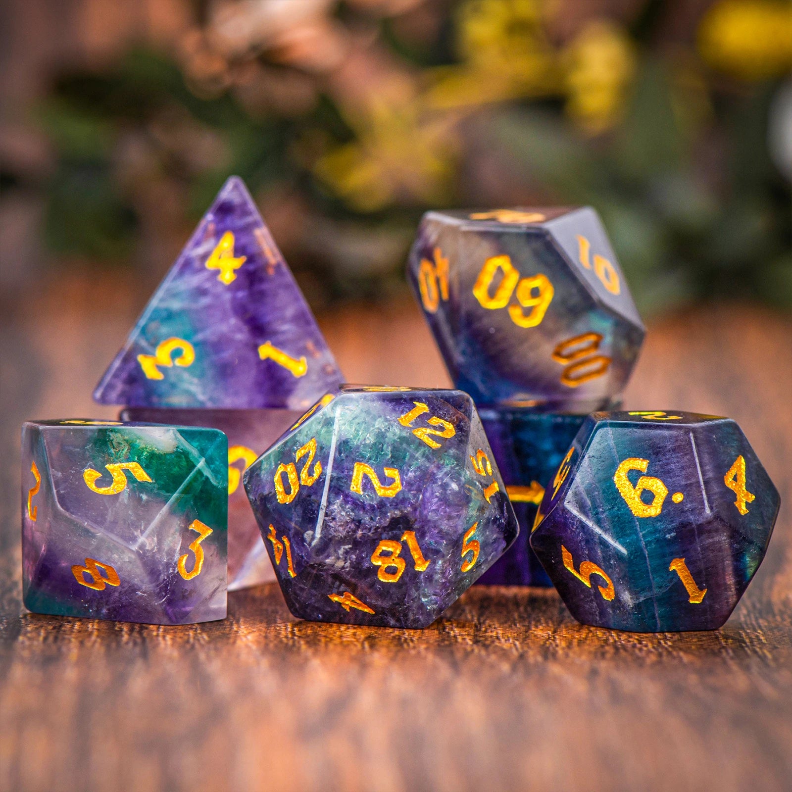 DND Colorful Fluorite Gemstone Engraved Dice Set
