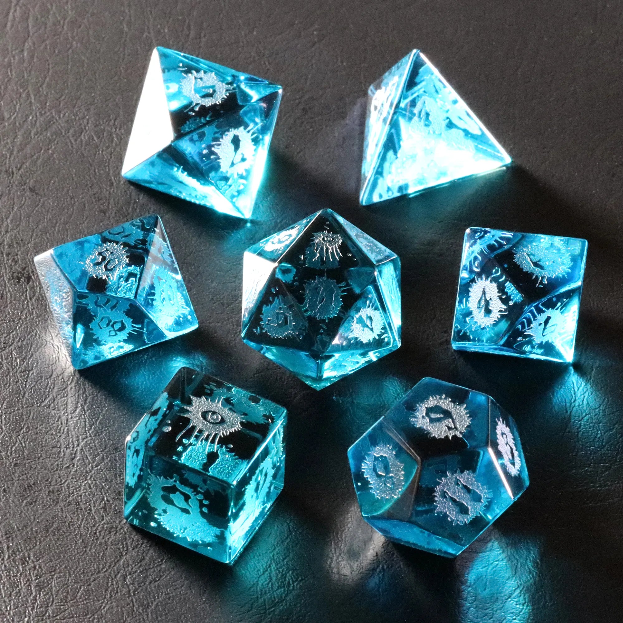 Abyssal Eye Sea Blue Zircon Engraved Glass Dice Set
