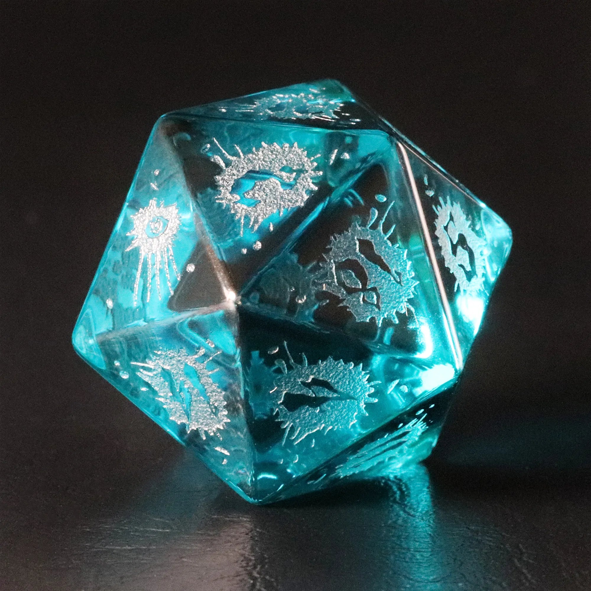 Abyssal Eye Sea Blue Zircon Engraved Glass Dice Set
