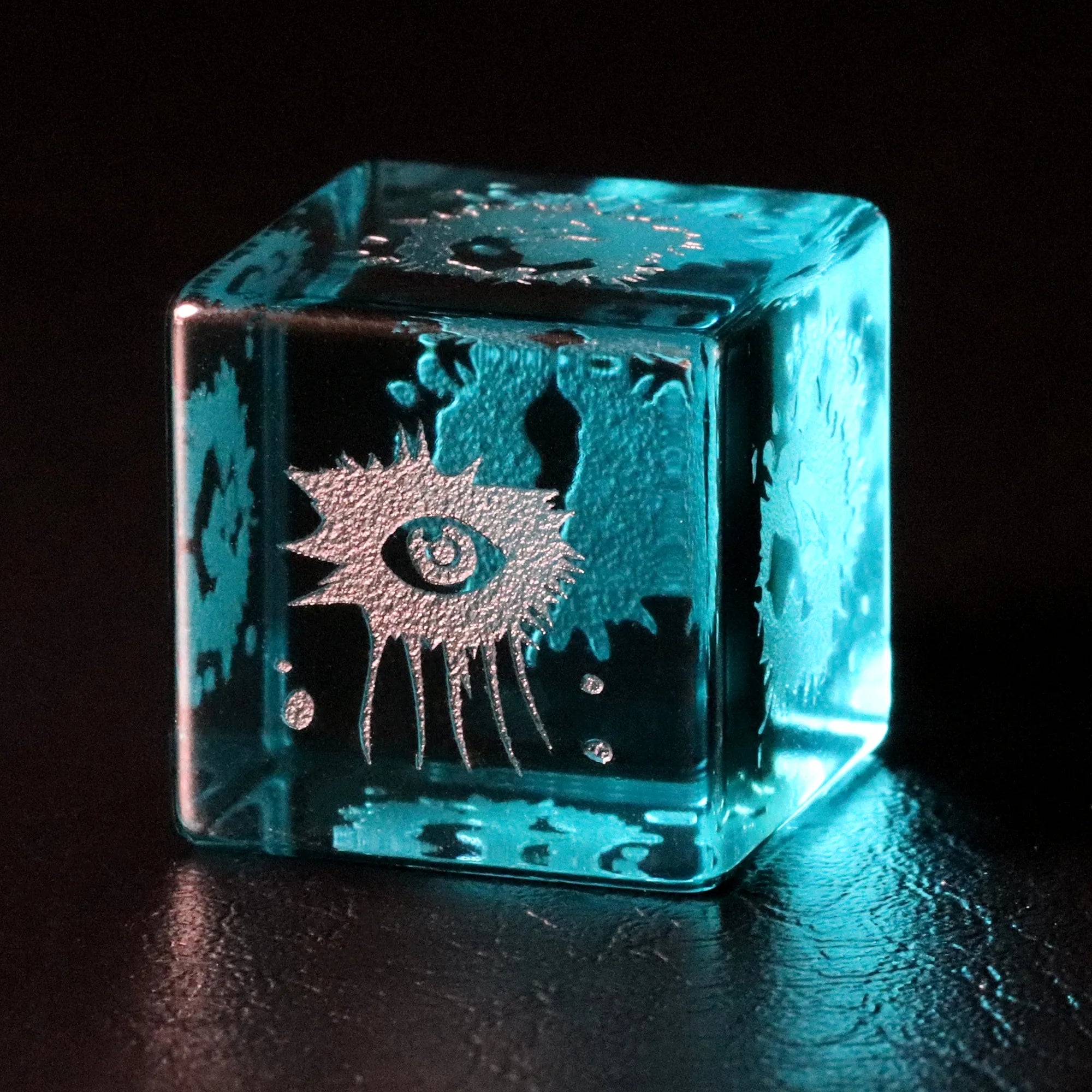 Abyssal Eye Sea Blue Zircon Engraved Glass Dice Set