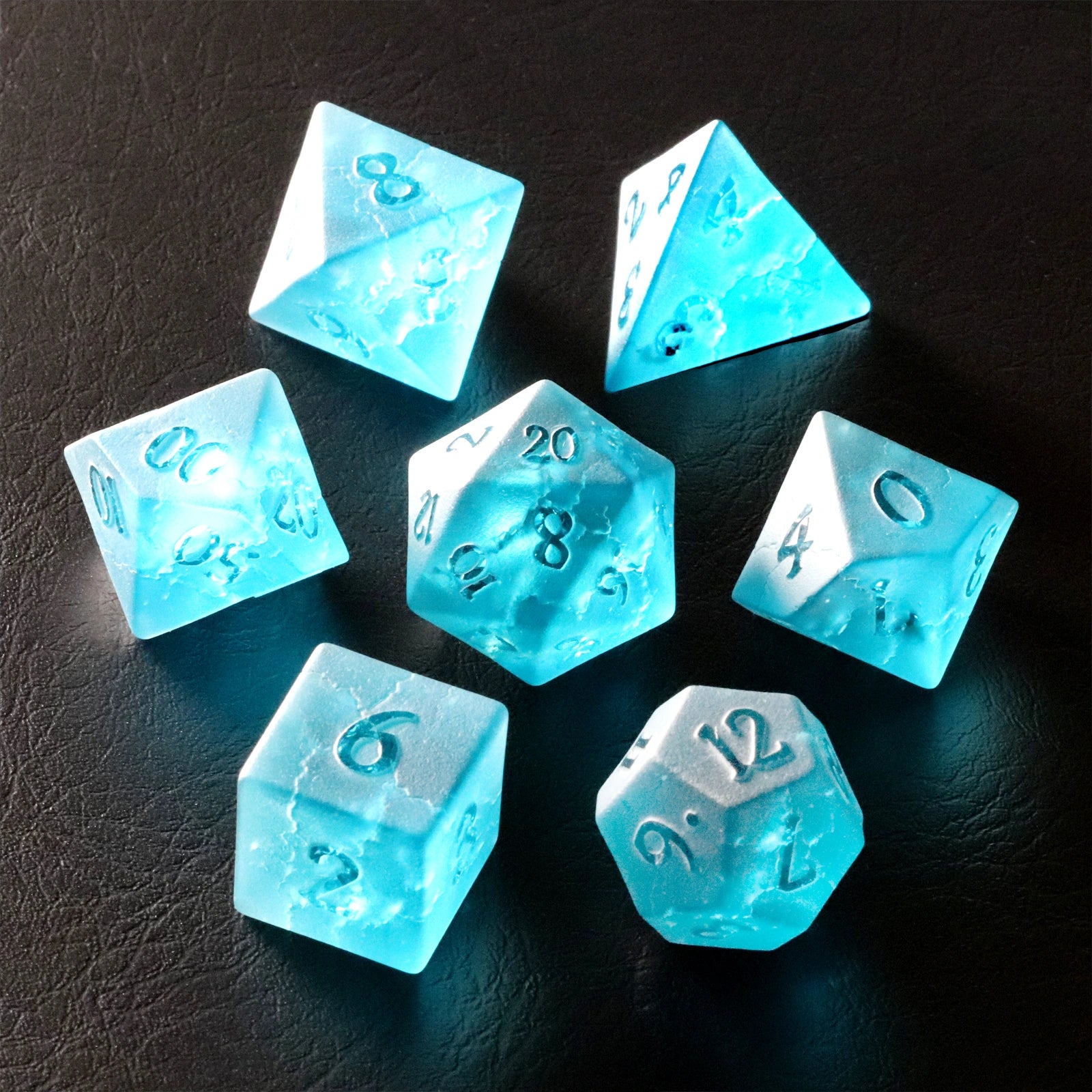 Blue Lightning Zircon Engraved Glass Dice Set - DragonStone