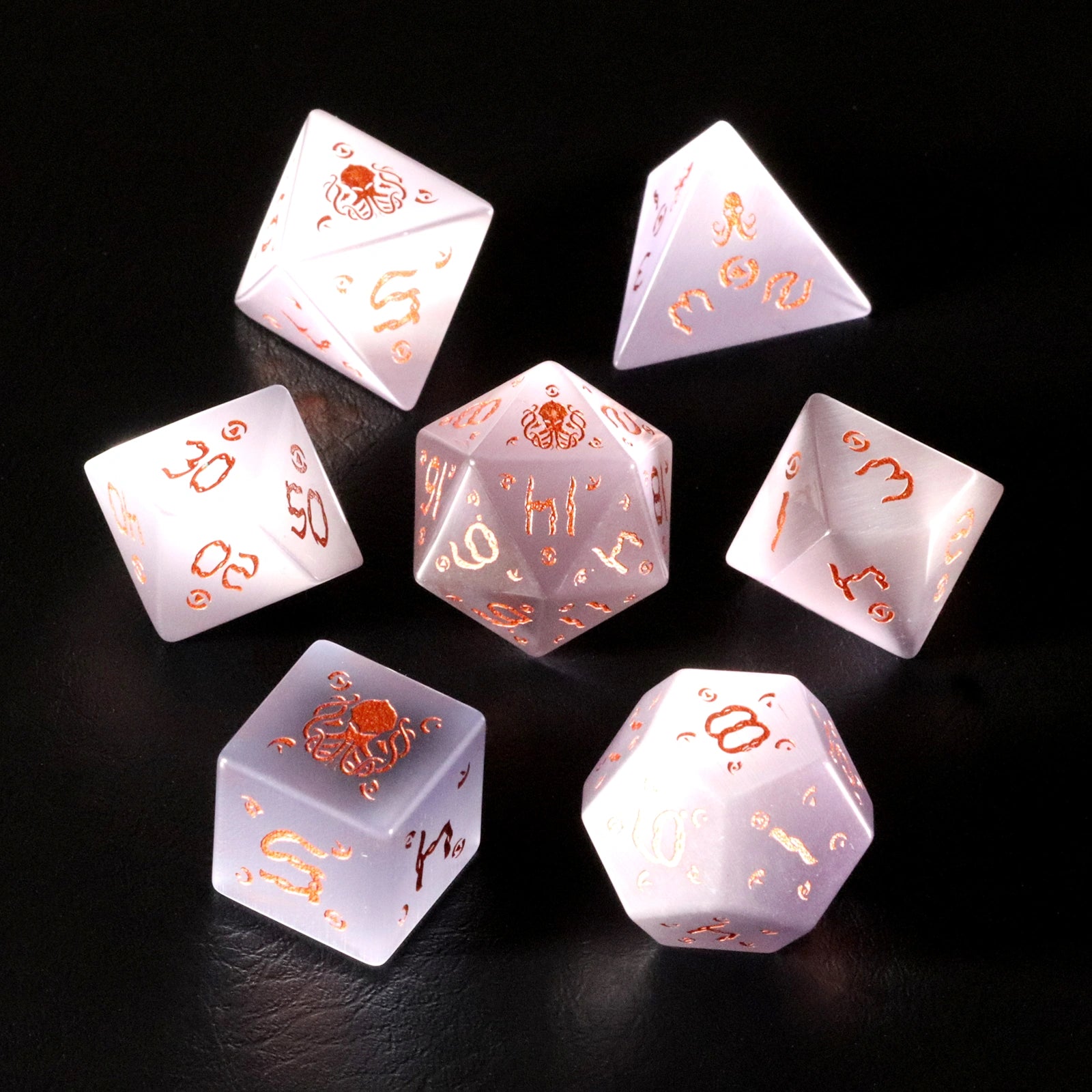Cthulhu Gray Cat's Eye Engraved Gemstone Dice Set - DragonStone