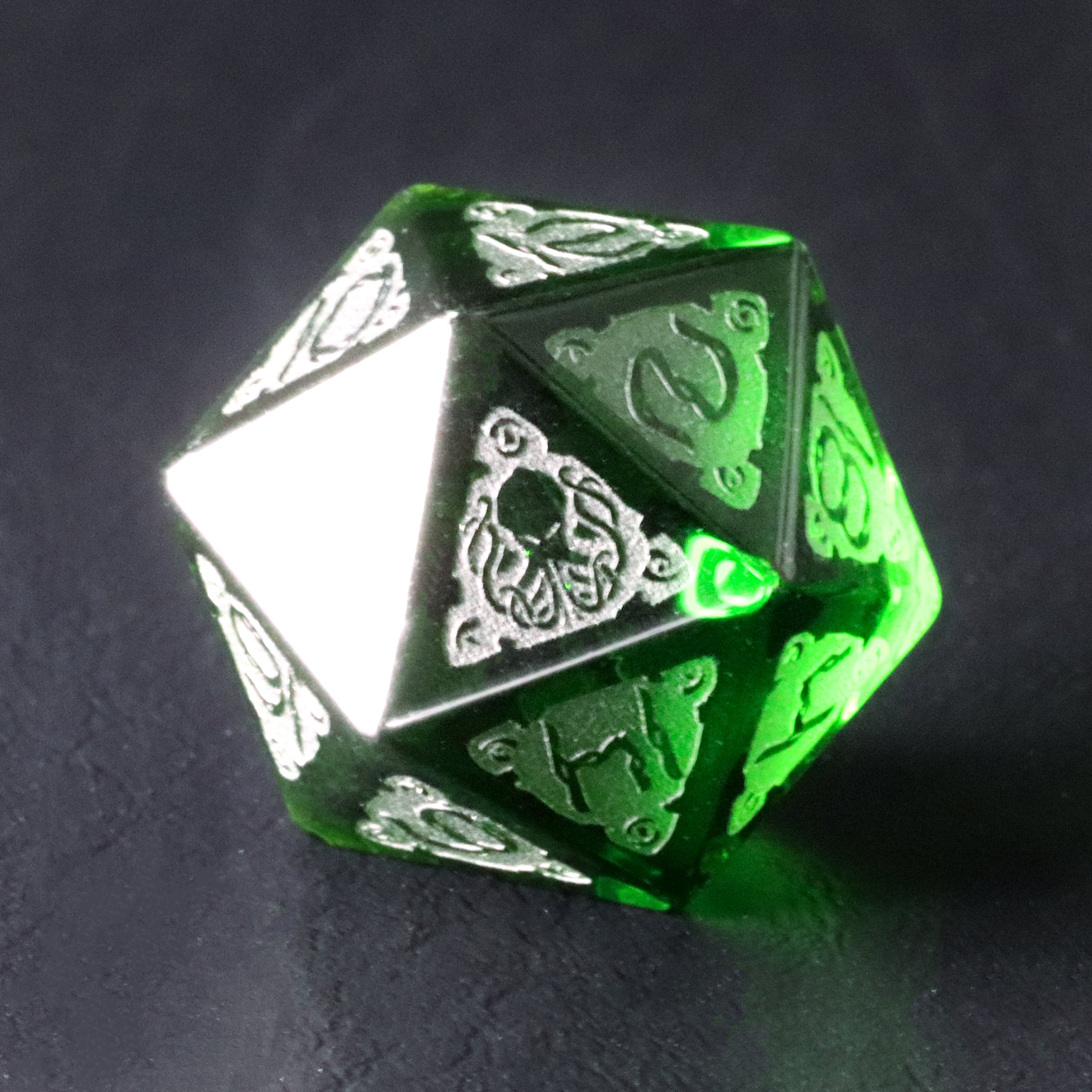Cthulhu Peridot Engraved Gemstone Dice Set - DragonStone