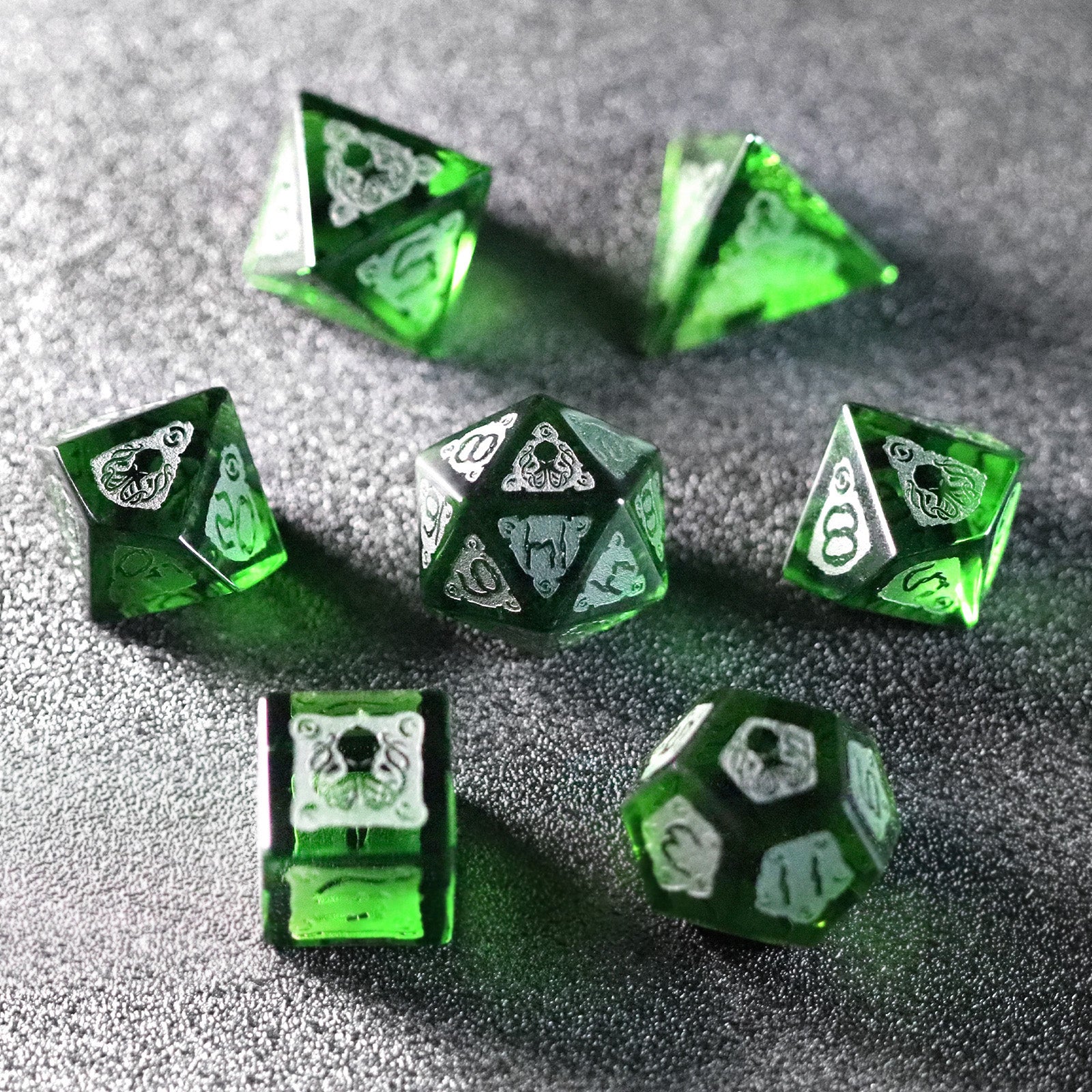 Cthulhu Peridot Engraved Gemstone Dice Set - DragonStone