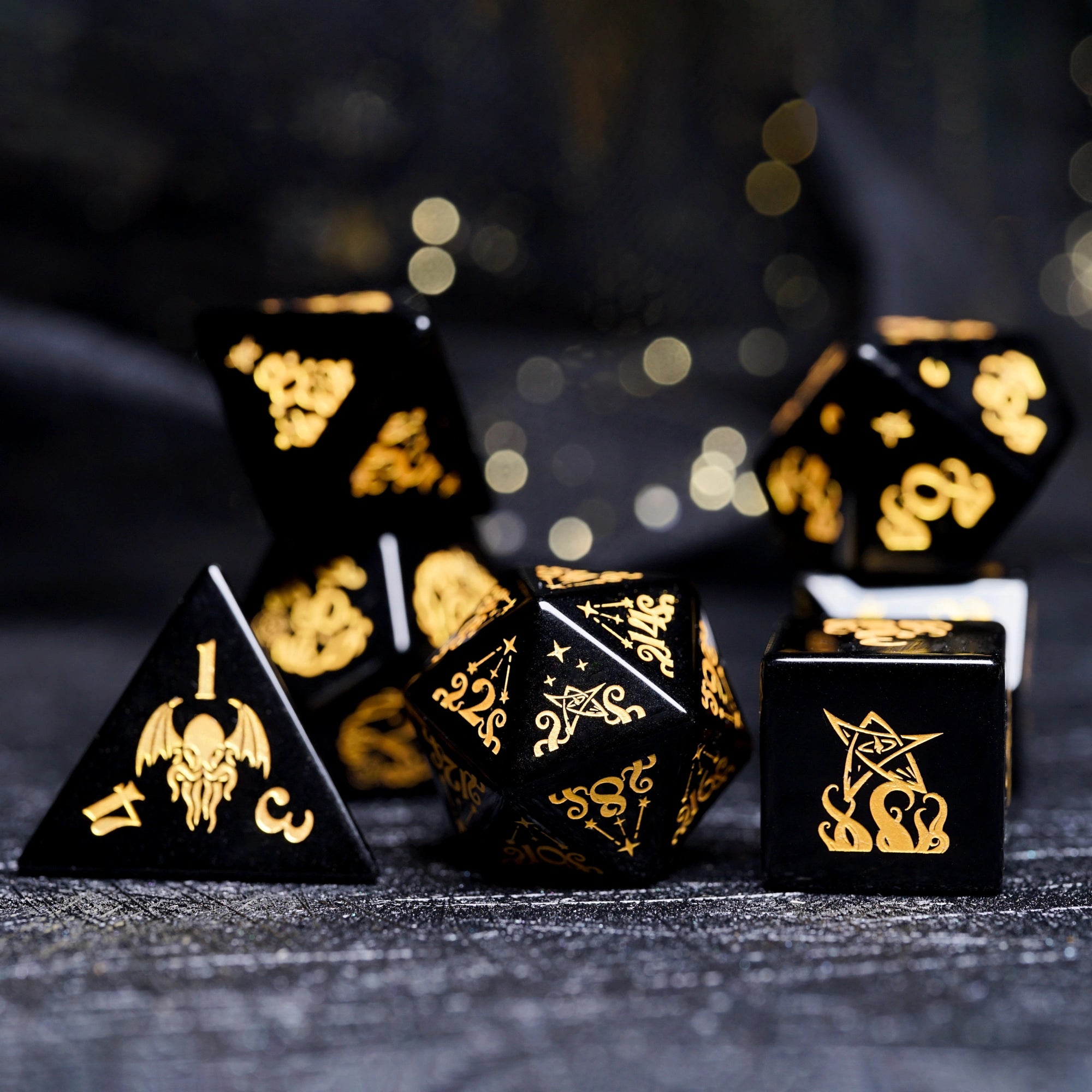 Cthulhu Tentacle Pattern Obsidian Engraved Gemstone Dice Set - DragonStone