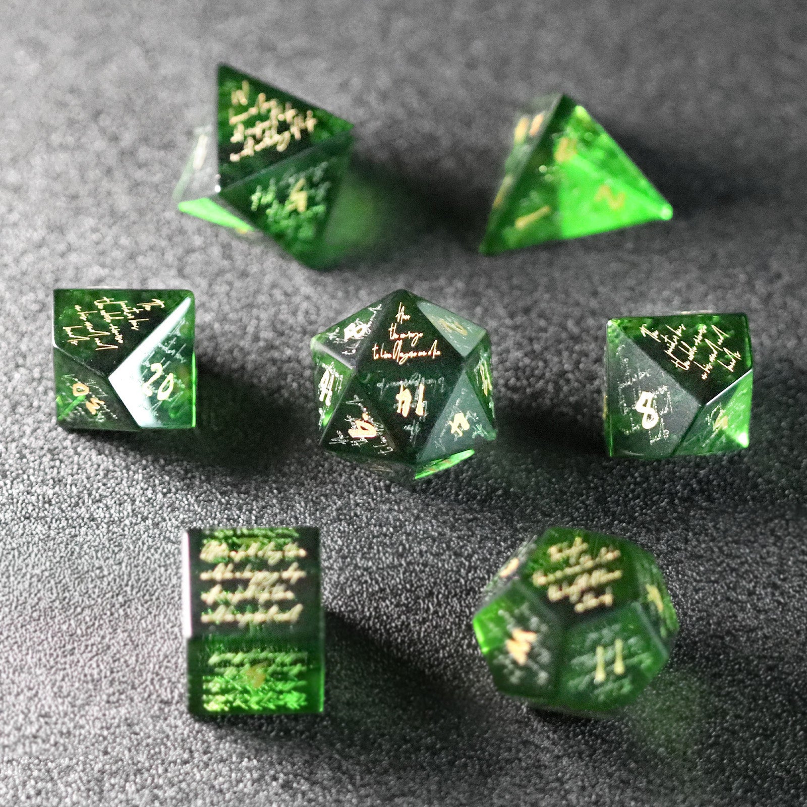 Da Vinci’s Book Green Zircon Engraved Gemstone Dice Set - DragonStone
