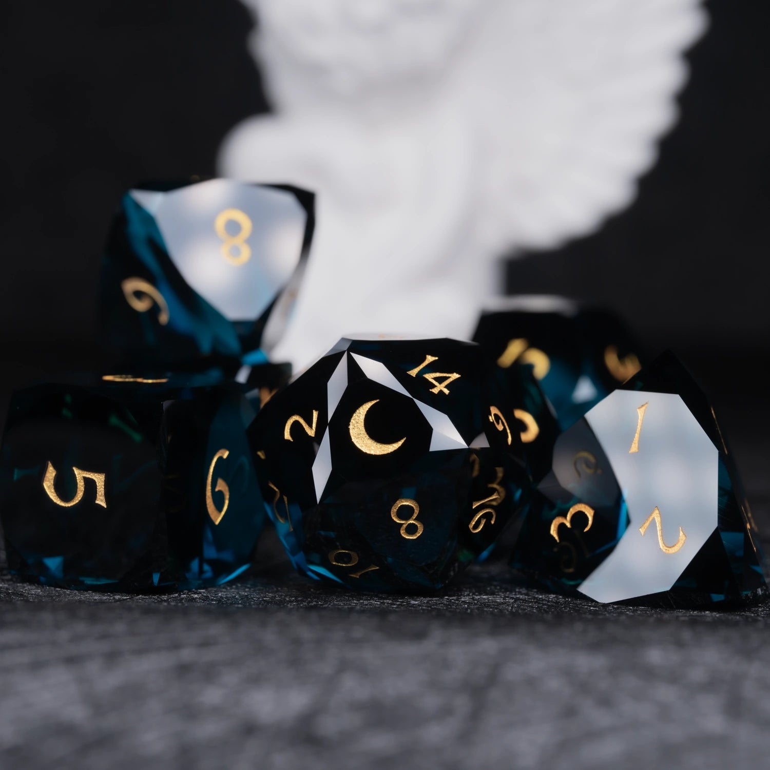 Dark Blue Multi-faceted Prism Glass Engraved Dice Set - DragonStone
