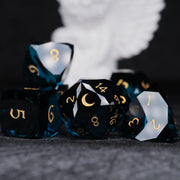 Dark Blue Multi-faceted Prism Glass Engraved Dice Set - DragonStone