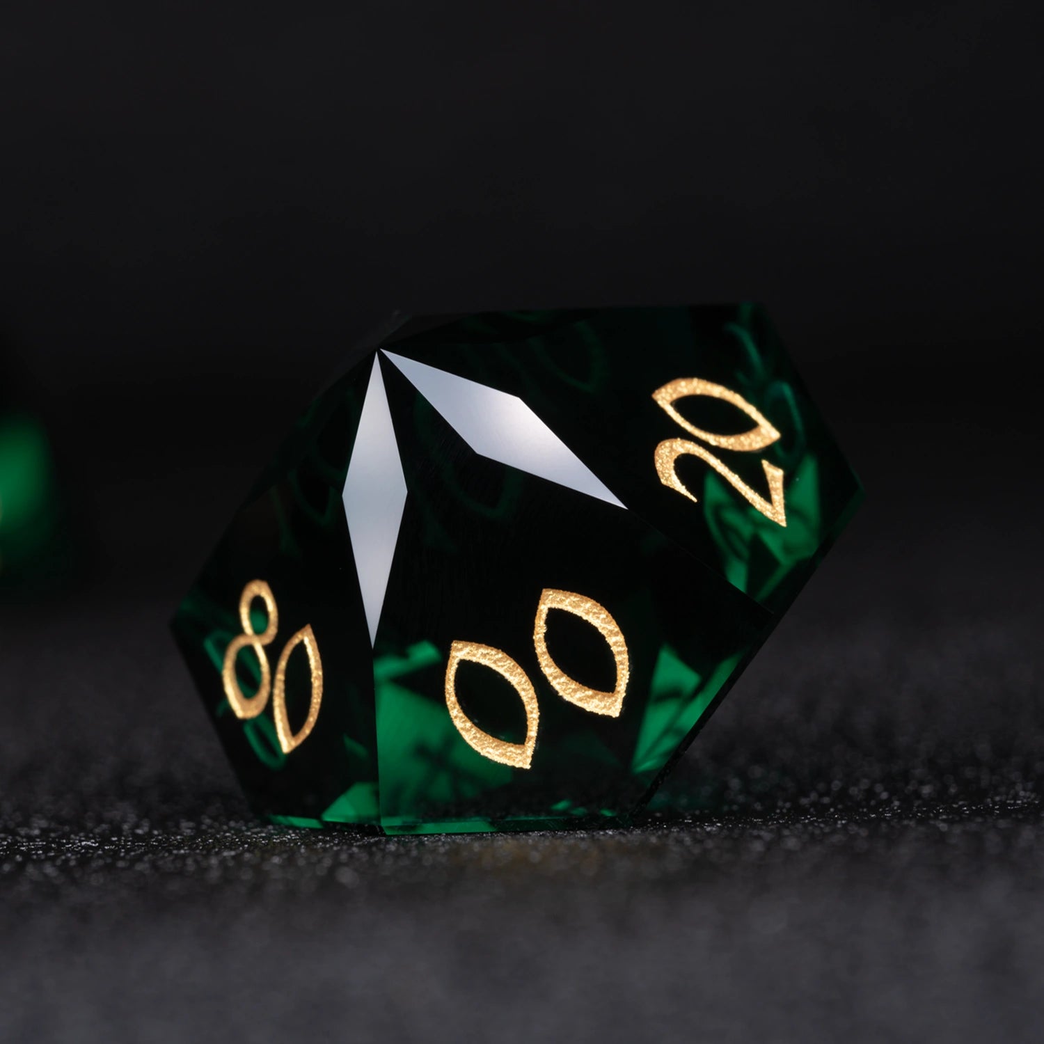 Deep Green Multi-faceted Prism Glass Engraved Dice Set - DragonStone