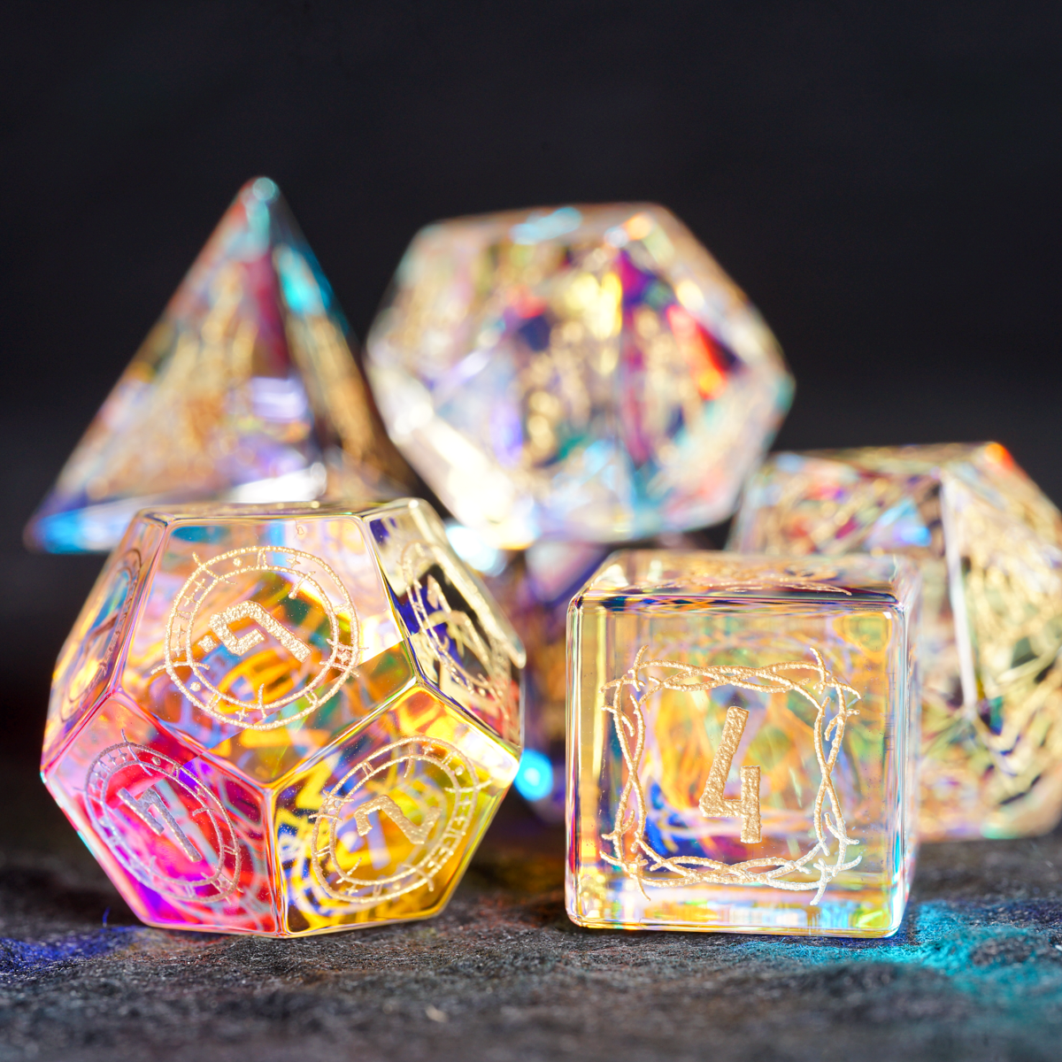 Dragon Seal K9 Glass Engraved Dice Set - DragonStone