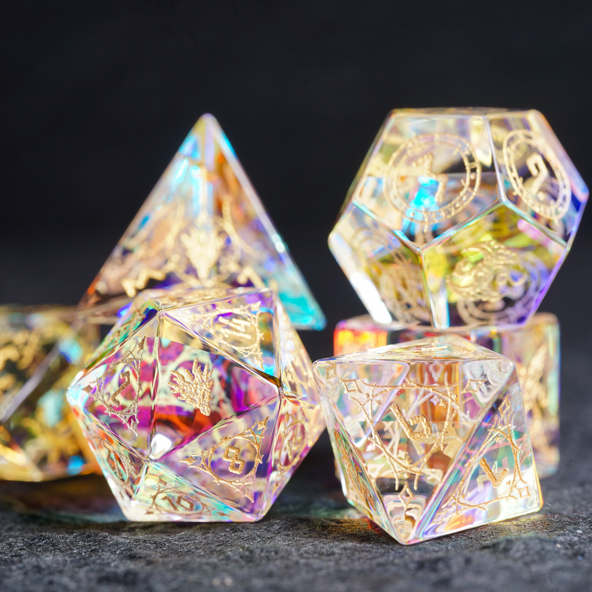 Dragon Seal K9 Glass Engraved Dice Set - DragonStone