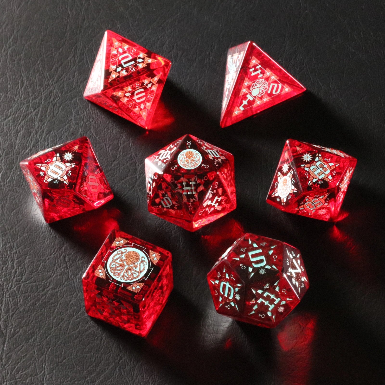 Dreamscape Red Zircon Engraved Gemstone Dice Set - DragonStone