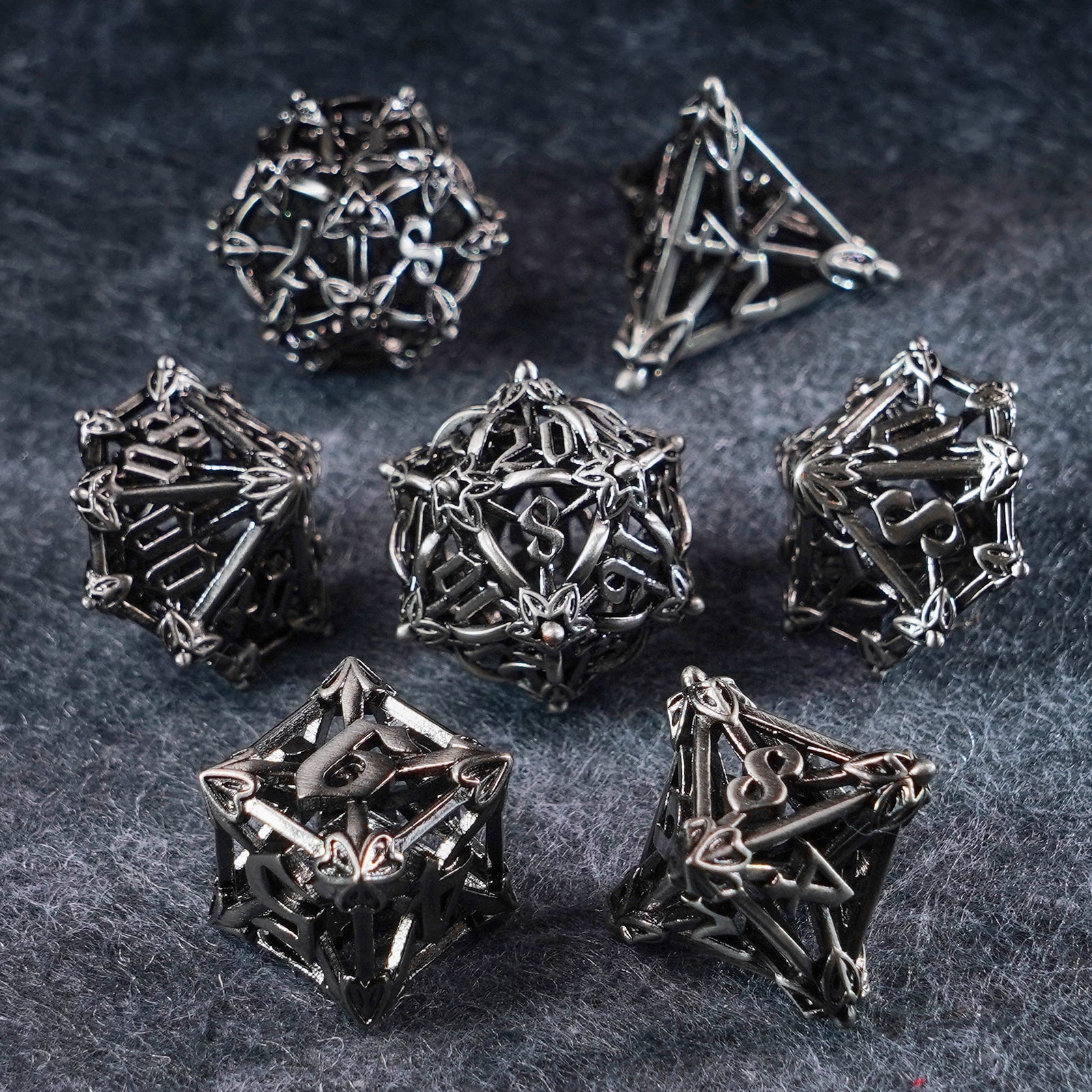 Floral Wings Hollowed Silver Metal Dice Set - DragonStone