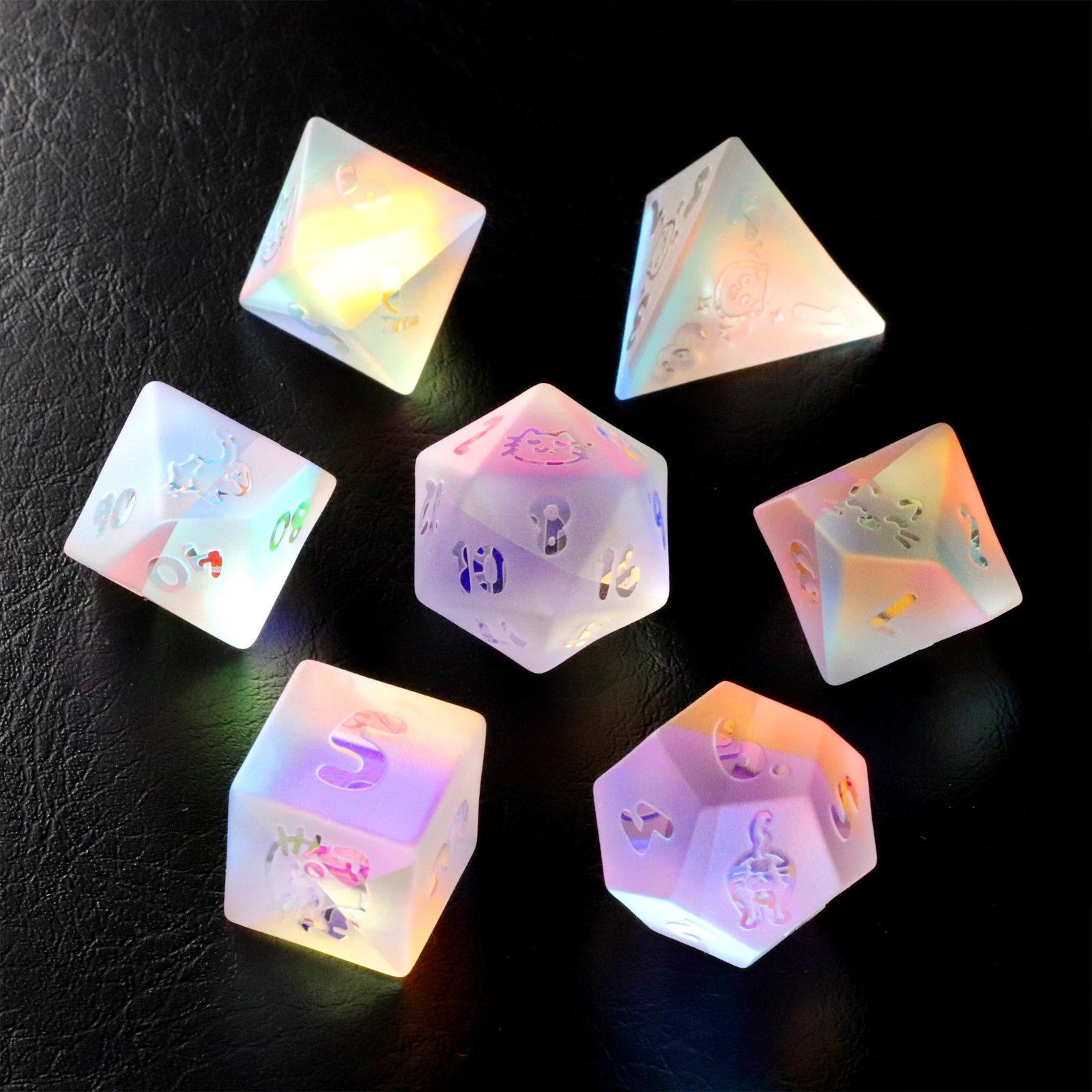Kitten Engraved Dichroic Prism Glass Dice Set - DragonStone