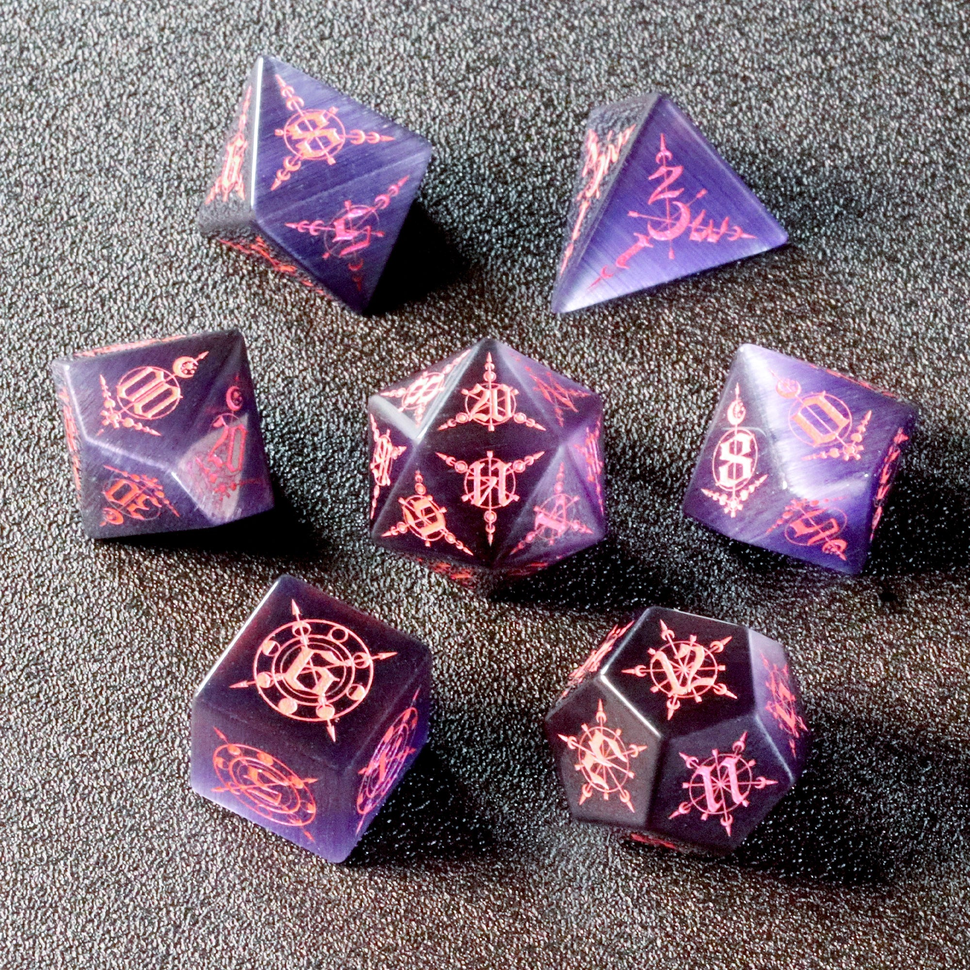 Moon Magic Cat's Eye Engraved Gemstone Dice Set - DragonStone