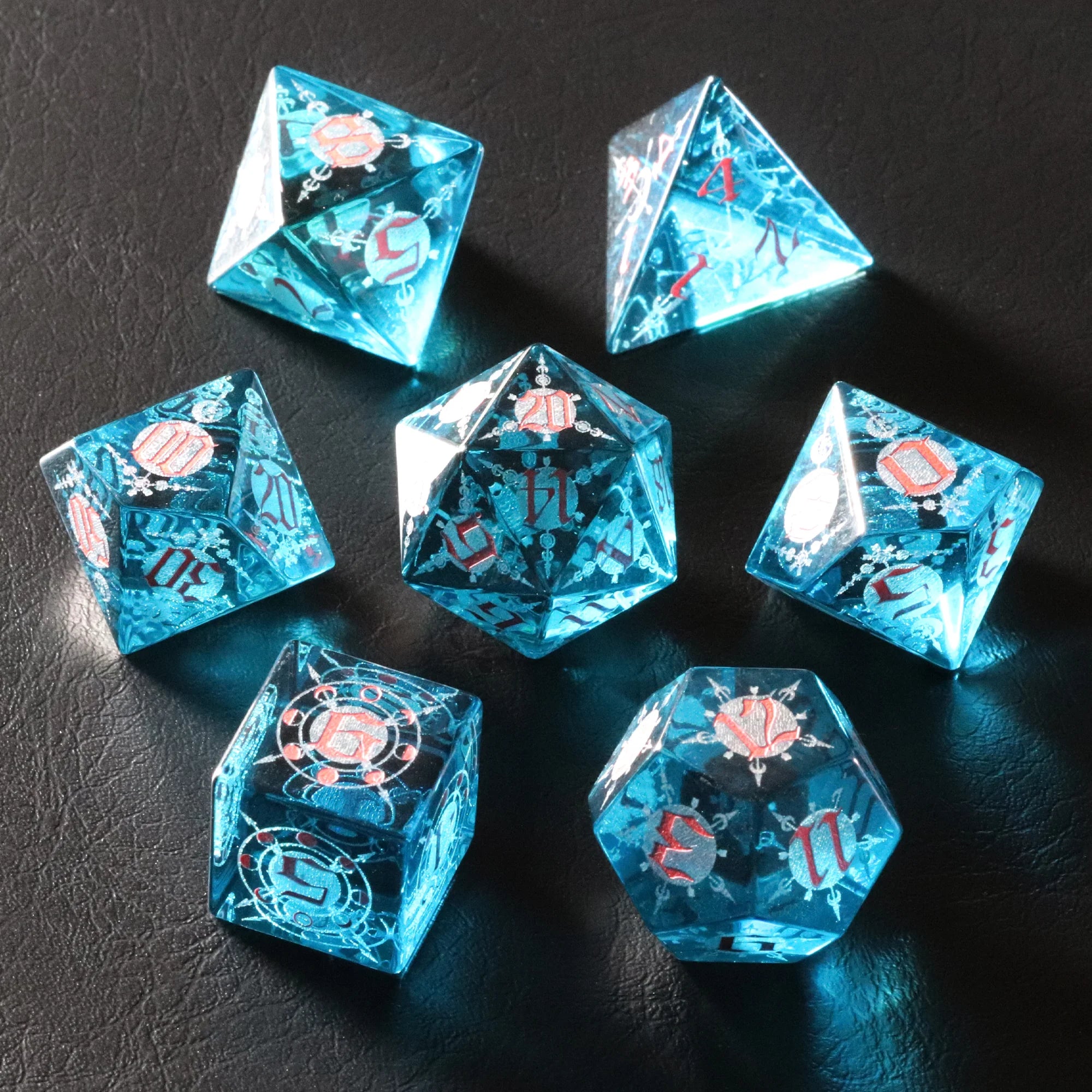 Moon Magic Sigil Blue Zircon Engraved Glass Dice Set
