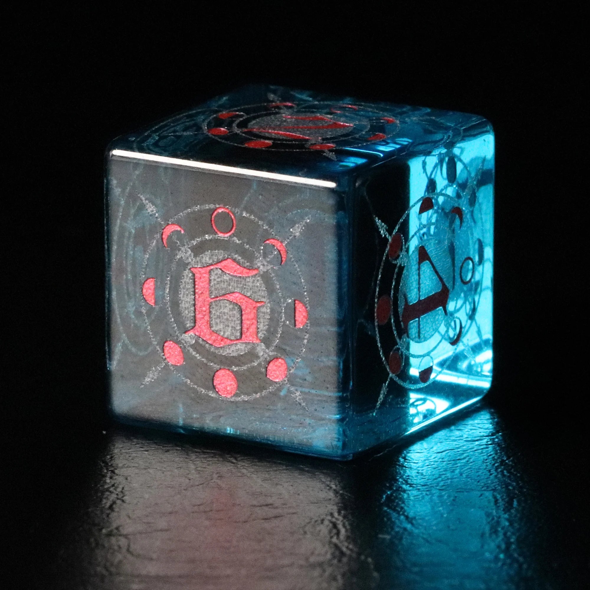 Moon Magic Sigil Blue Zircon Engraved Glass Dice Set