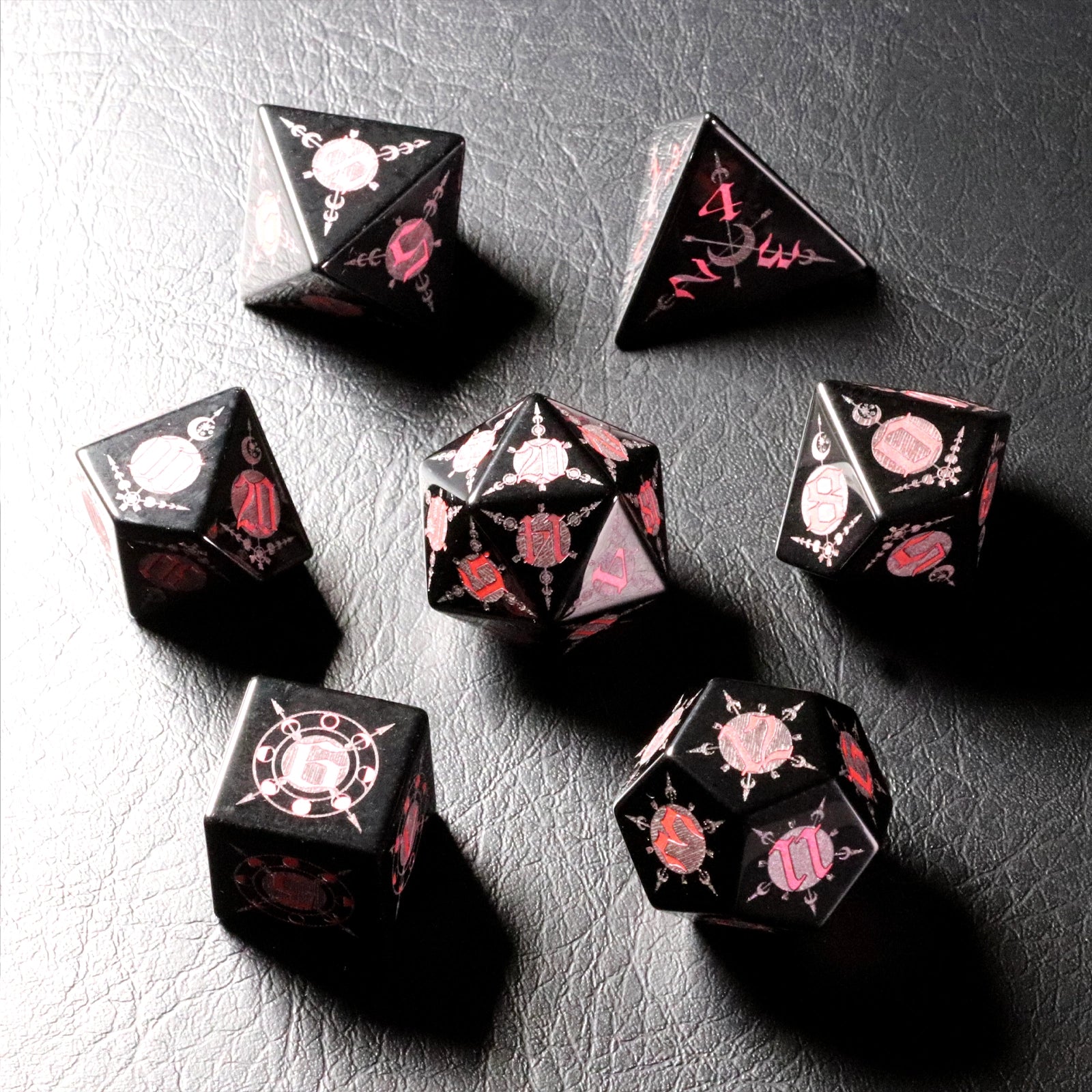 Moon Magic Sigil Obsidian Engraved Gemstone Dice Set - DragonStone