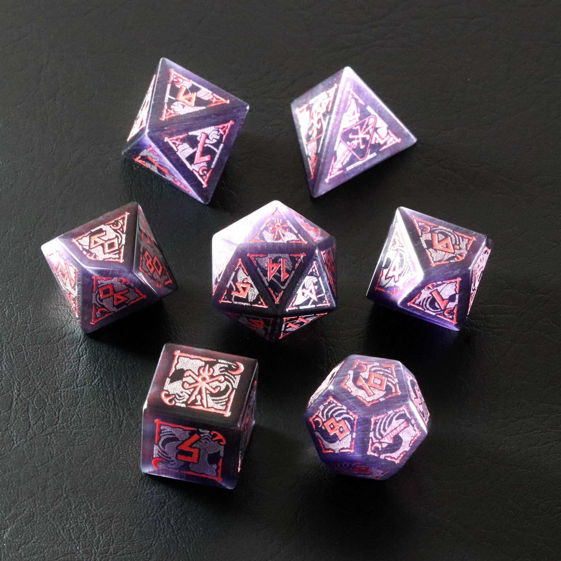Naya's Dream Amethyst Cat's Eye Engraved Gemstone Dice Set - DragonStone