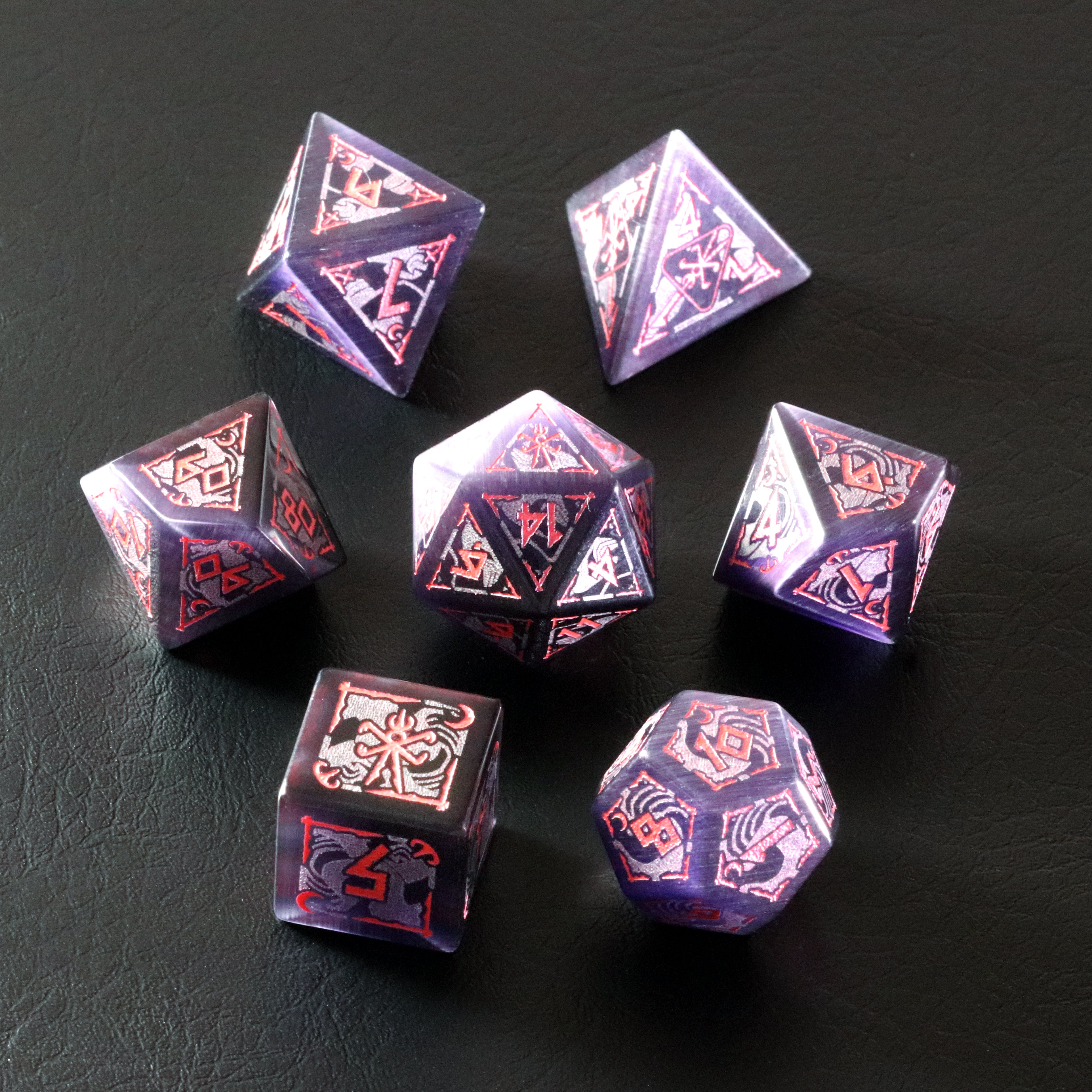 Naya's Dream Amethyst Cat's Eye Engraved Gemstone Dice Set - DragonStone