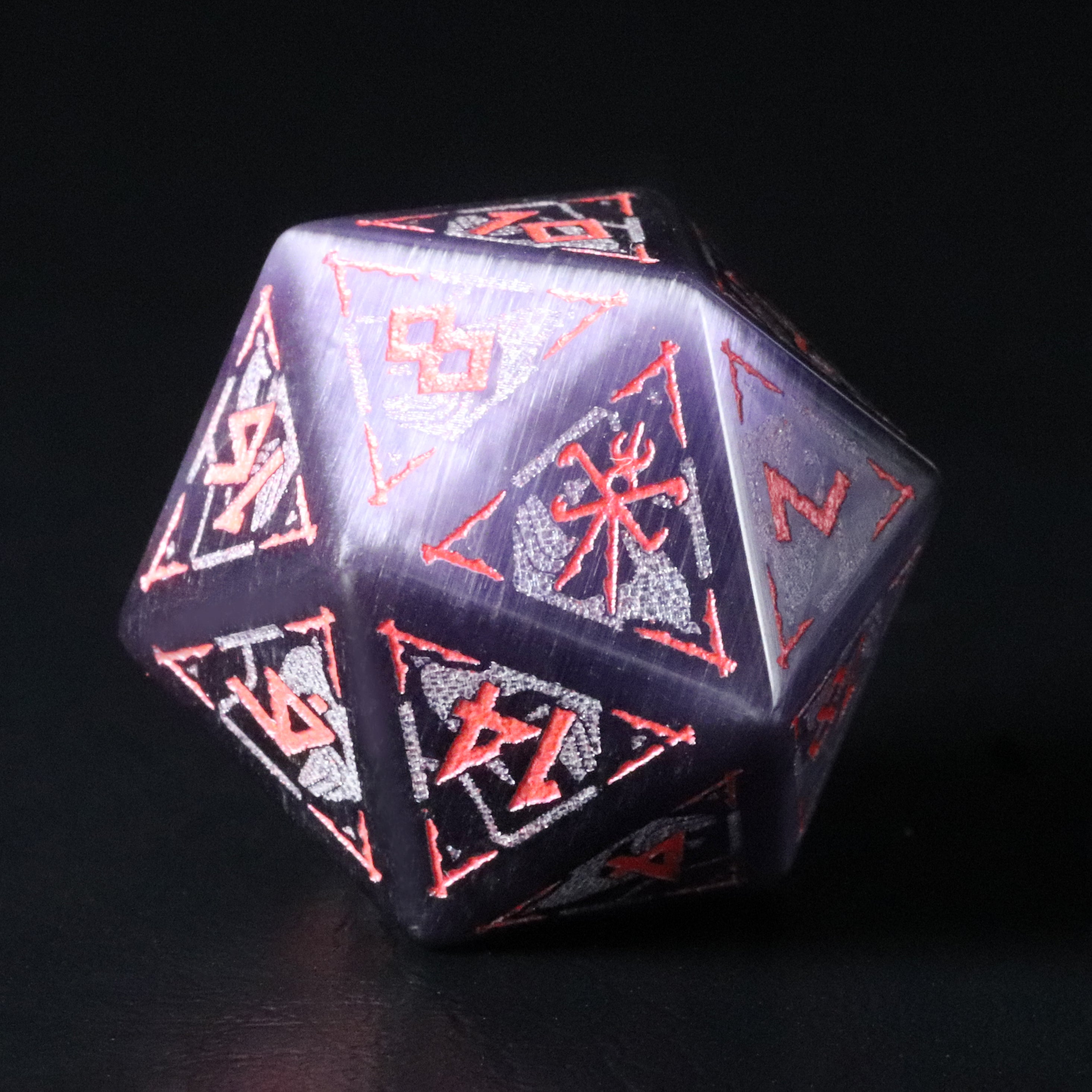 Naya's Dream Amethyst Cat's Eye Engraved Gemstone Dice Set - DragonStone