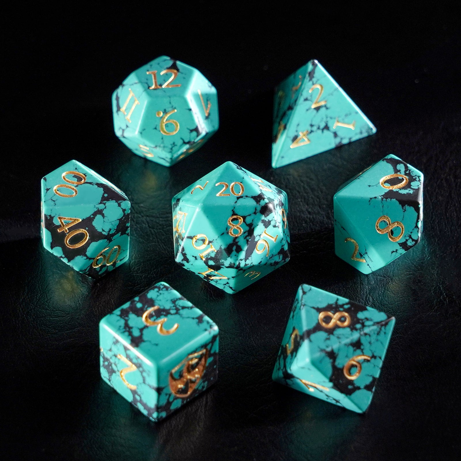 DragonStone Logo D&D Black Veined Turquoise Dice Set - DragonStone