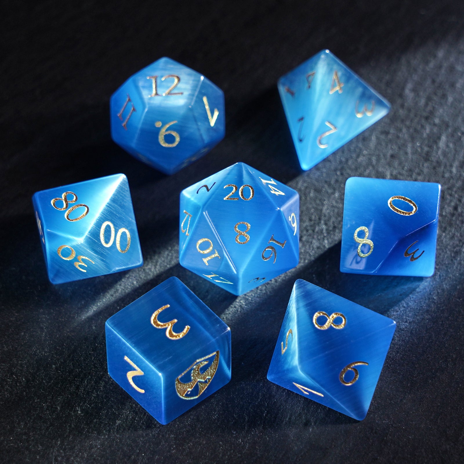 DragonStone Logo D&D Blue Cat’s Eye Dice Set - DragonStone
