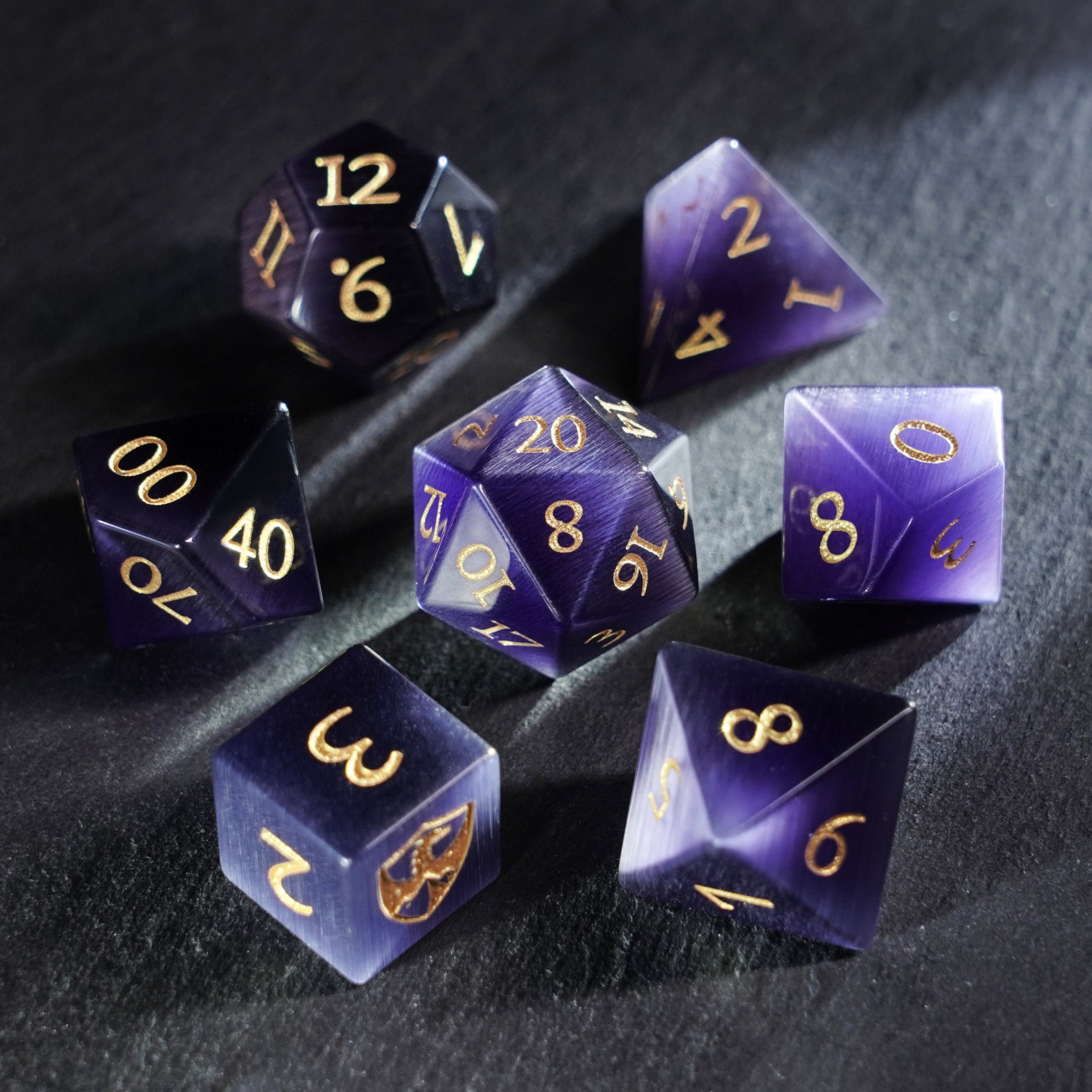 DragonStone Logo D&D Deep Purple Cat’s Eye Dice Set - DragonStone