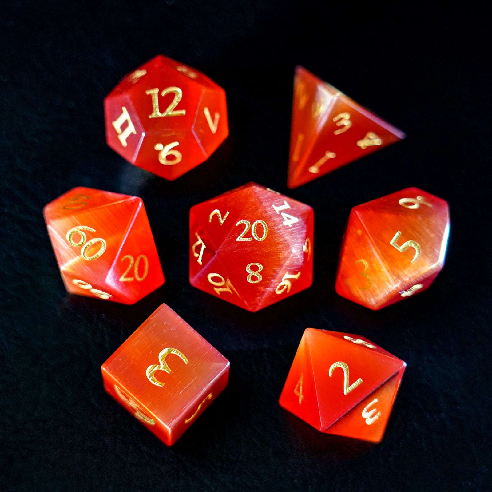 DragonStone Logo D&D Red Cat's Eye Gemstone Dice Set