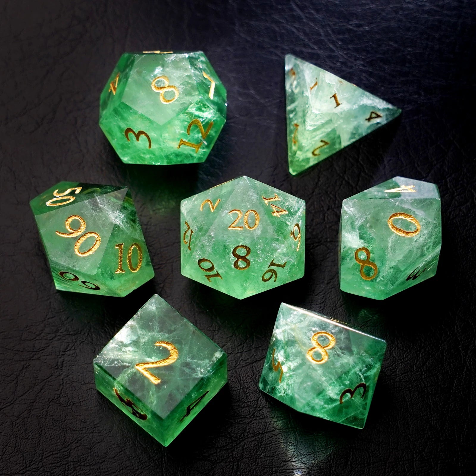 DragonStone Logo D&D Green Fluorite Engraved Gemstone Dice Set