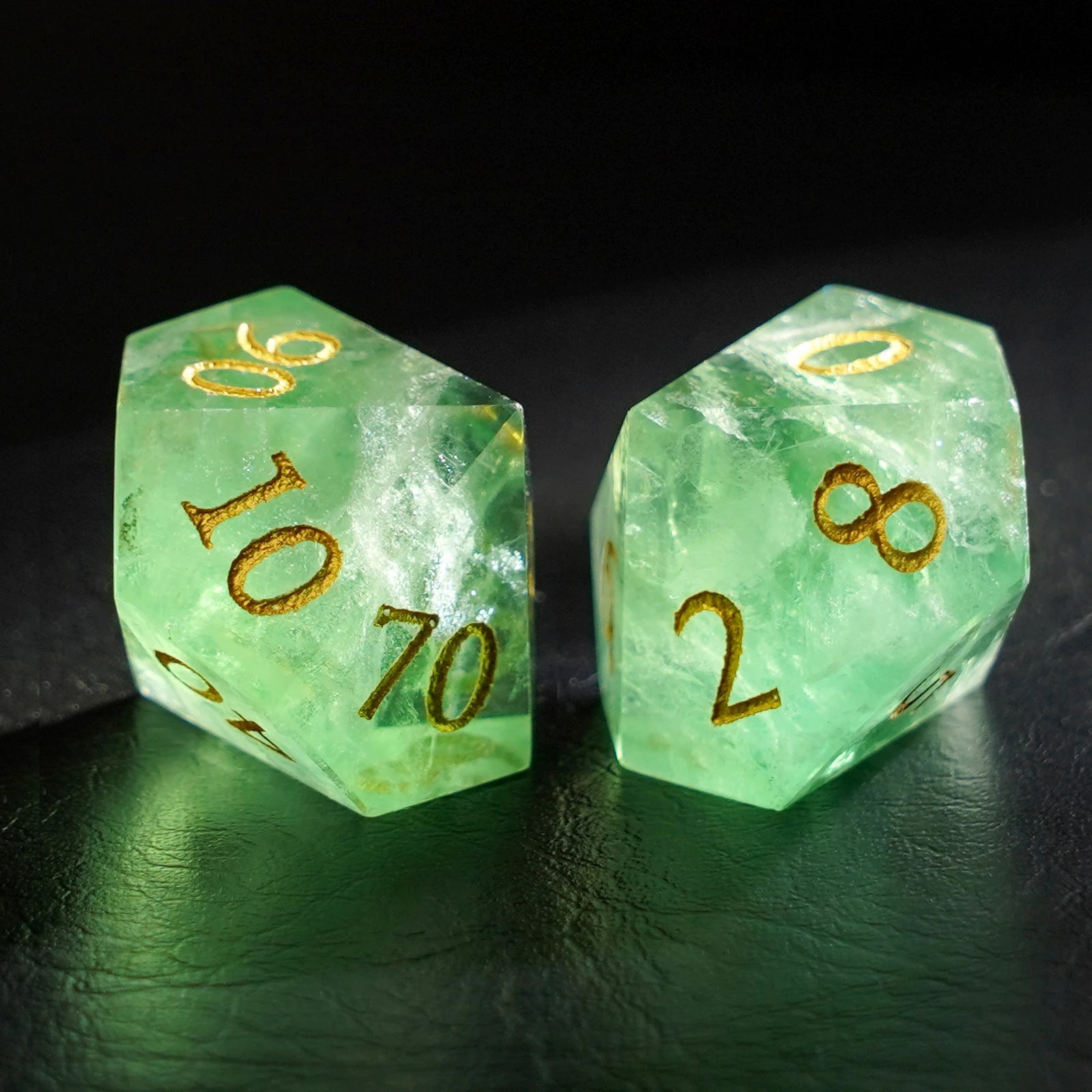 DragonStone Logo D&D Green Fluorite Engraved Gemstone Dice Set